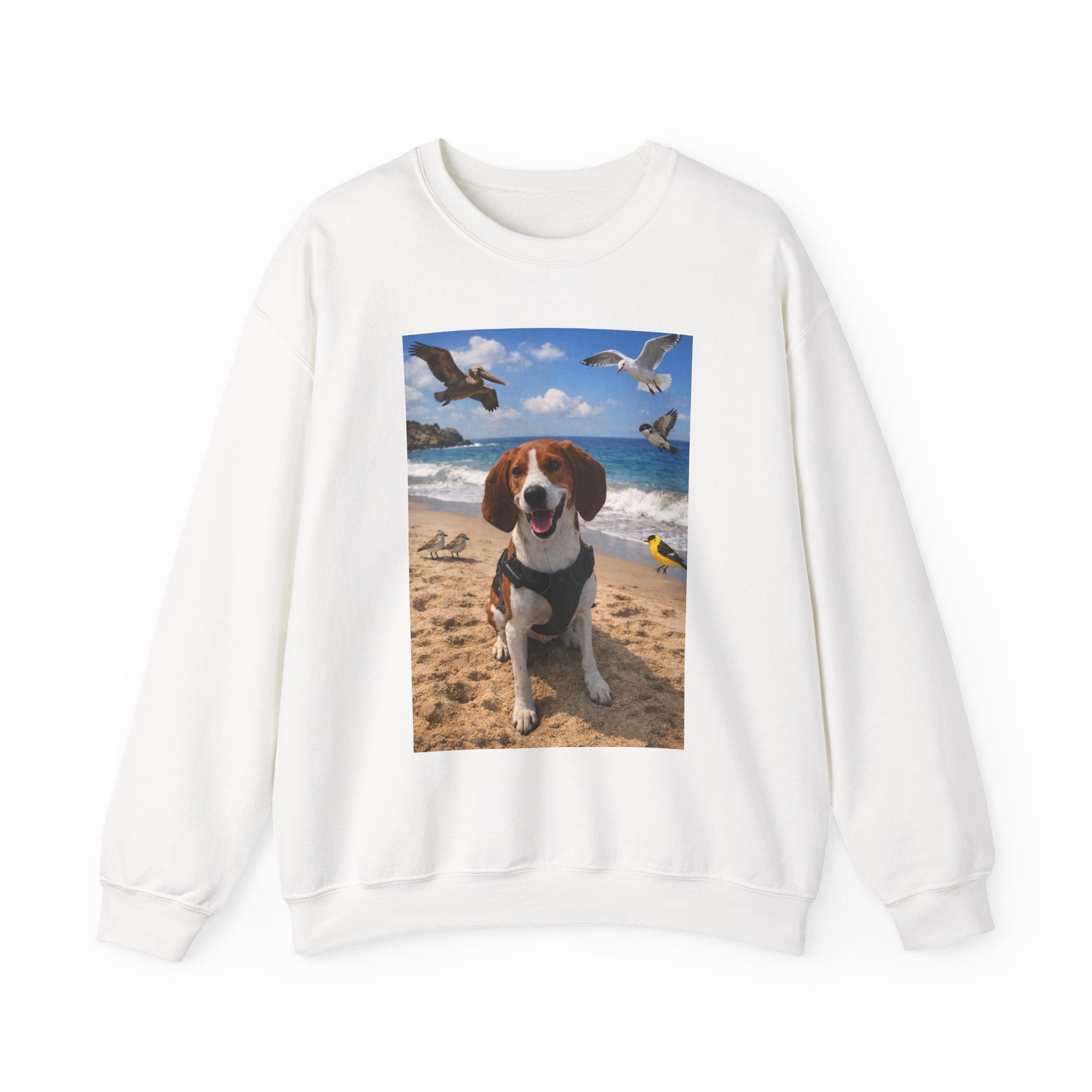 Beach Dog Photo Sweatshirt — Cute Beagle Seagulls Graphic Crewneck