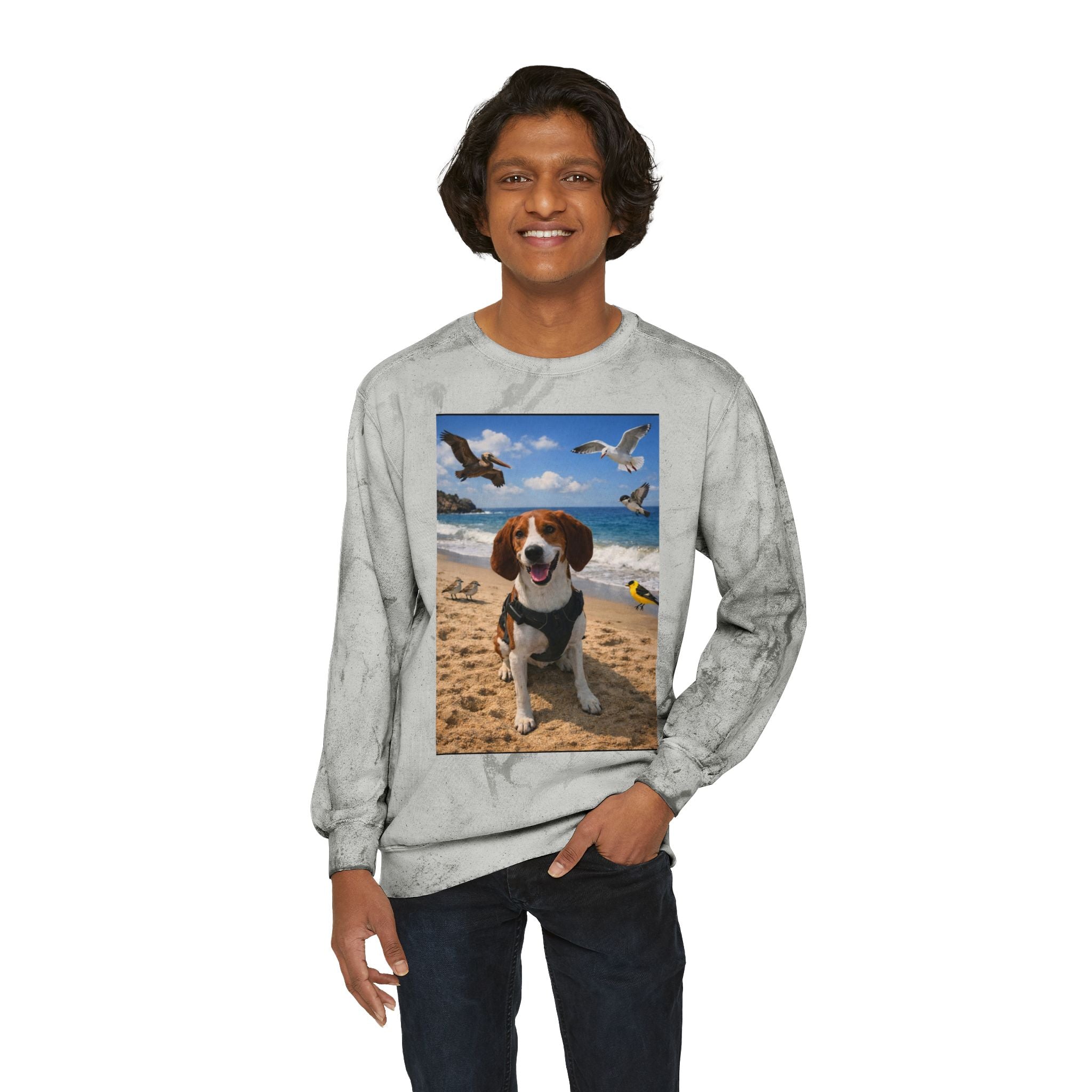 Beach Dog Crewneck Sweatshirt — Happy Beagle Seagulls Photo Print