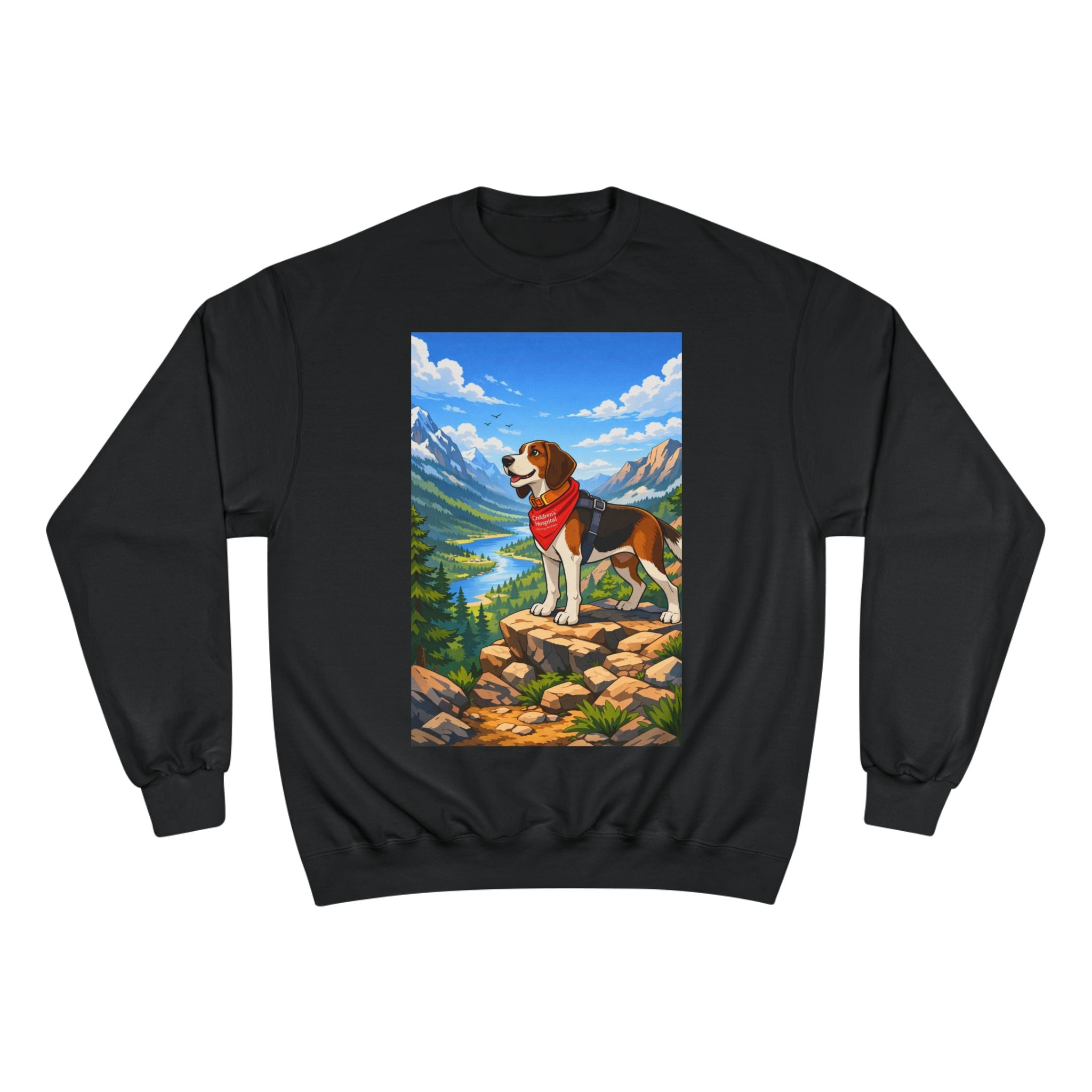 Beagle Hiking Sweatshirt — Scenic Mountain Dog Crewneck (Red Bandana)