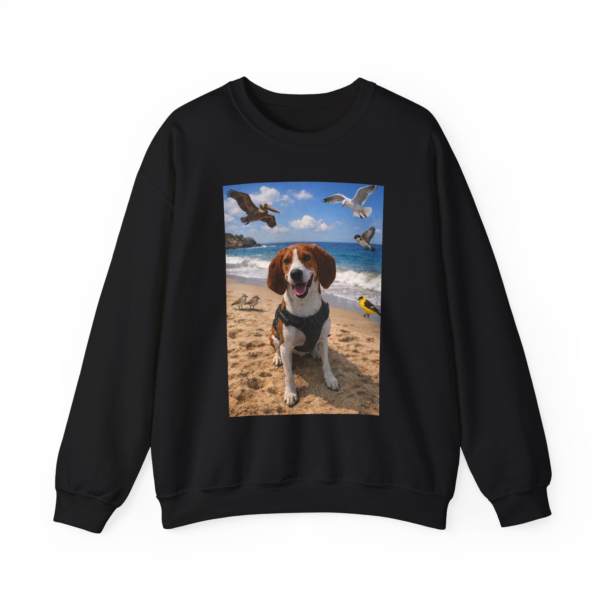 Beach Dog Photo Sweatshirt — Cute Beagle Seagulls Graphic Crewneck