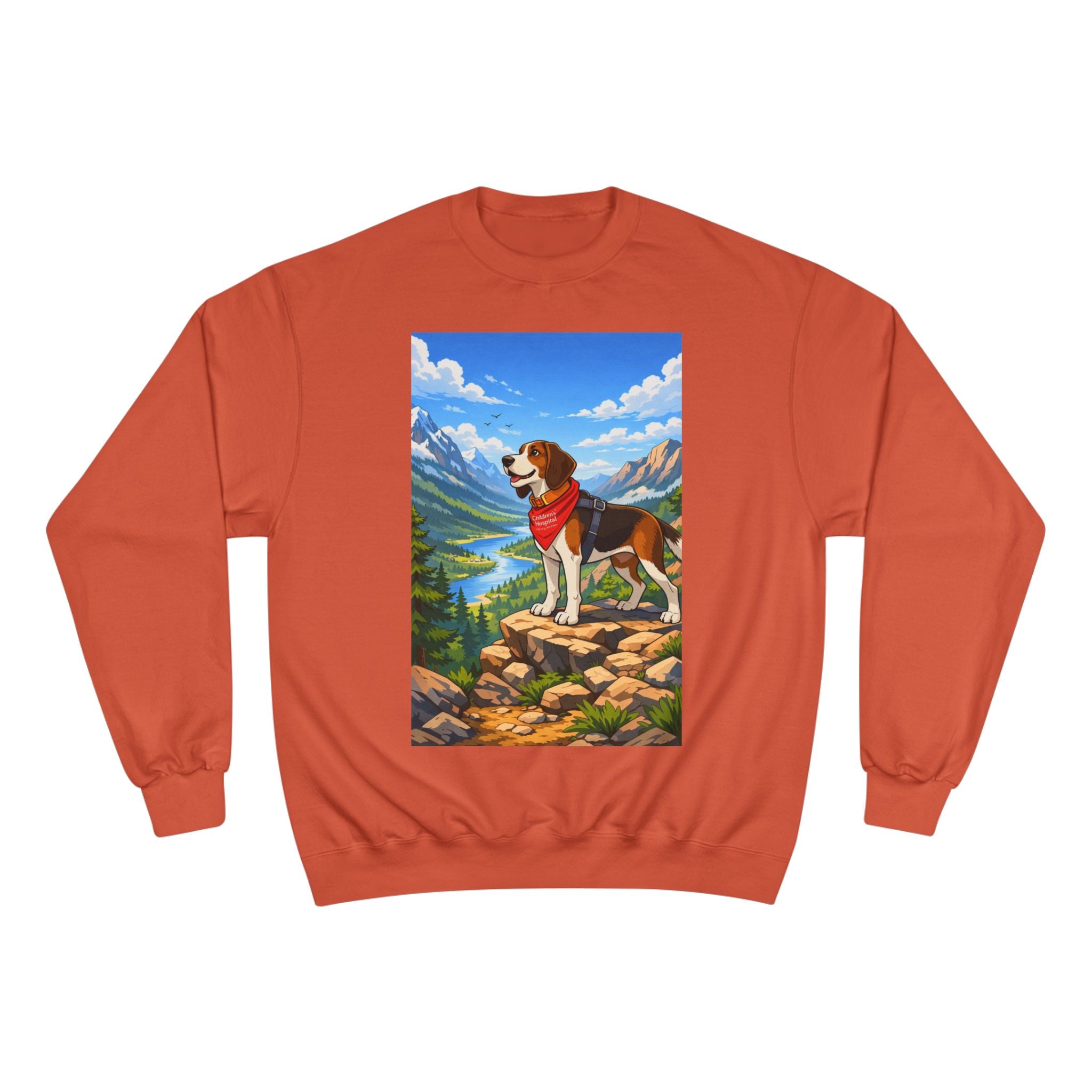 Beagle Hiking Sweatshirt — Scenic Mountain Dog Crewneck (Red Bandana)