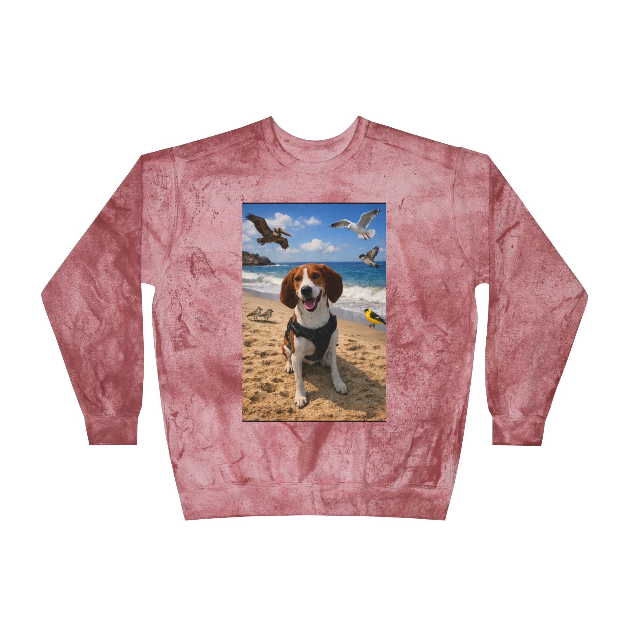Beach Dog Crewneck Sweatshirt — Happy Beagle Seagulls Photo Print