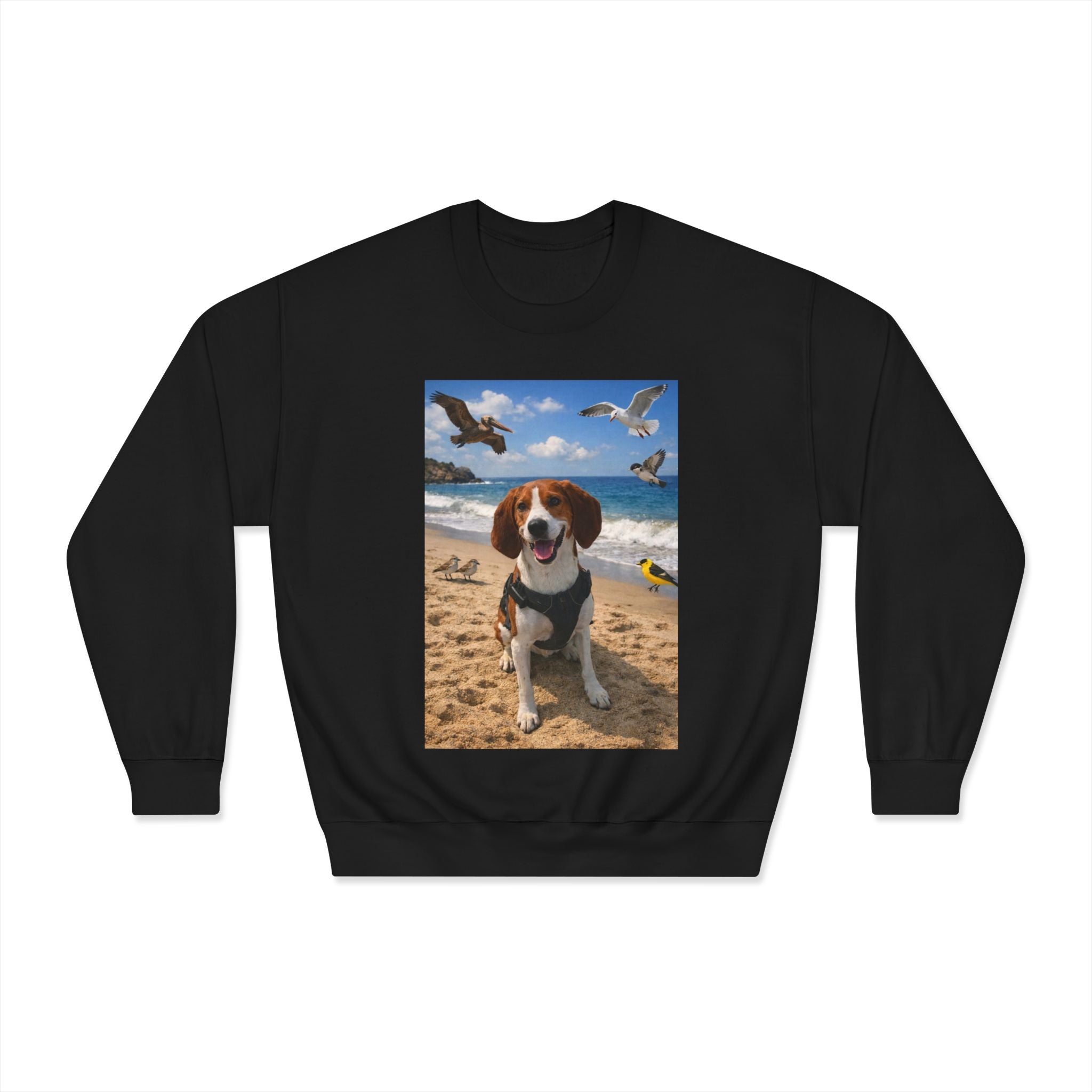 Beagle Beach Photo Crewneck Sweatshirt — Happy Dog on Sand with Seagulls