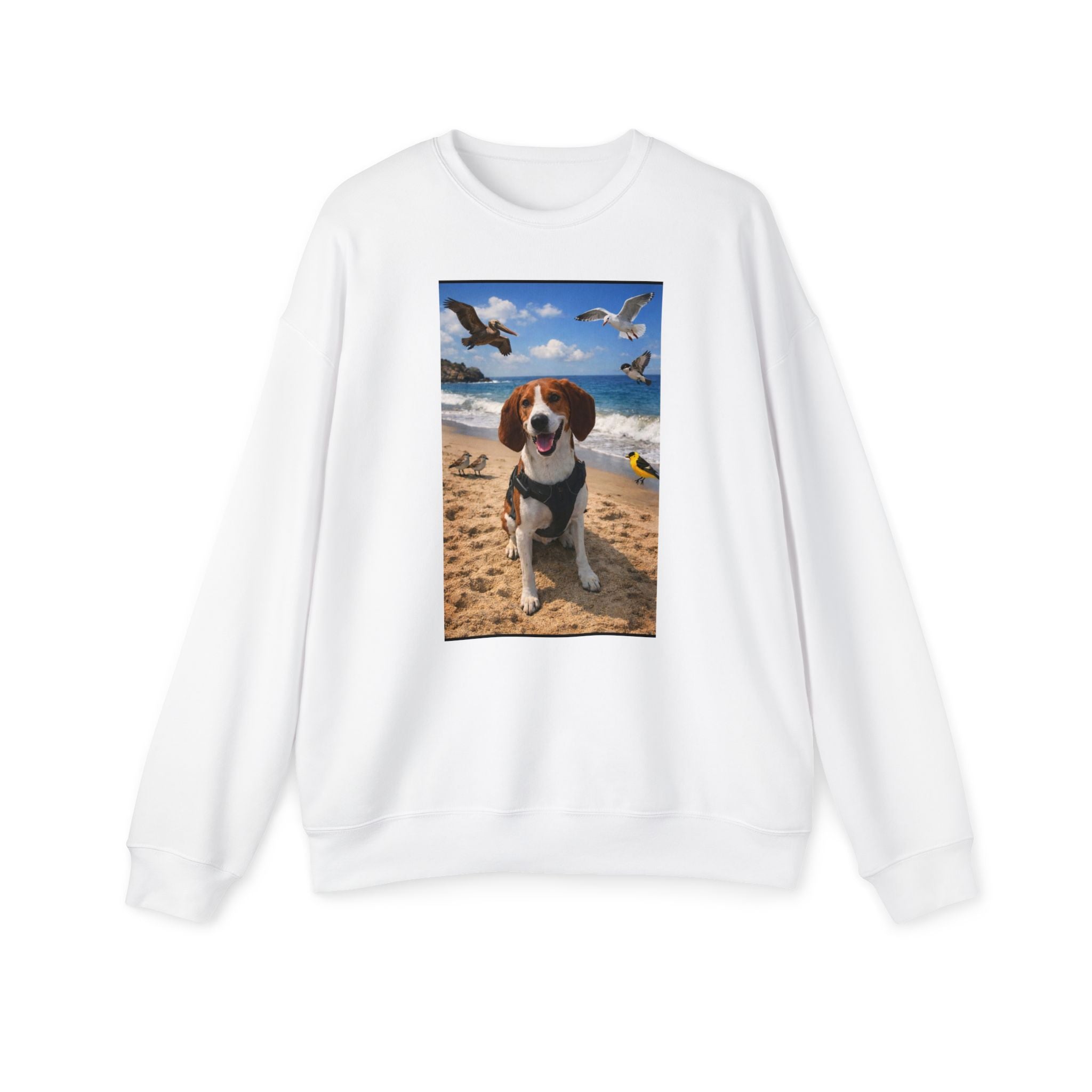 Beach Beagle Sweatshirt – Happy Dog on Shore Graphic Crewneck
