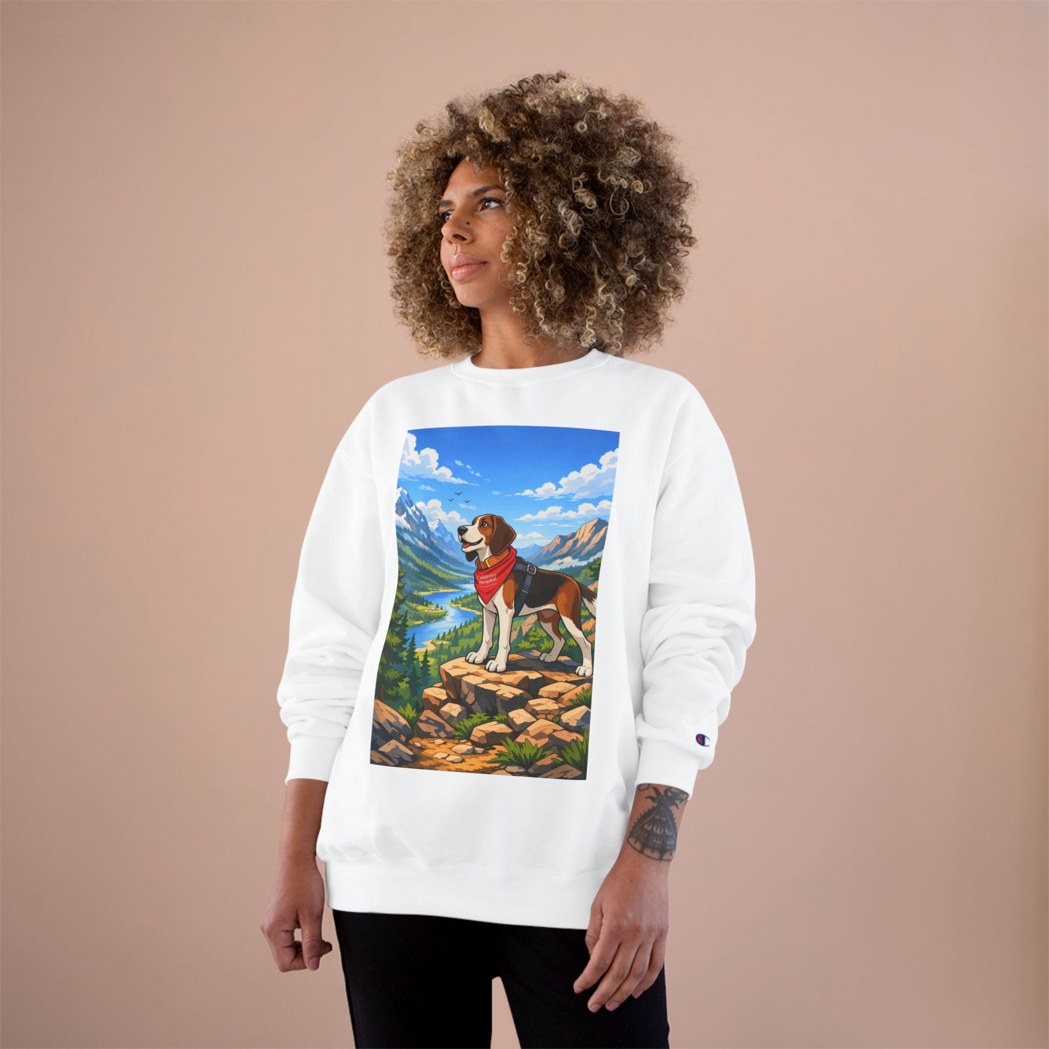 Beagle Hiking Sweatshirt — Scenic Mountain Dog Crewneck (Red Bandana)