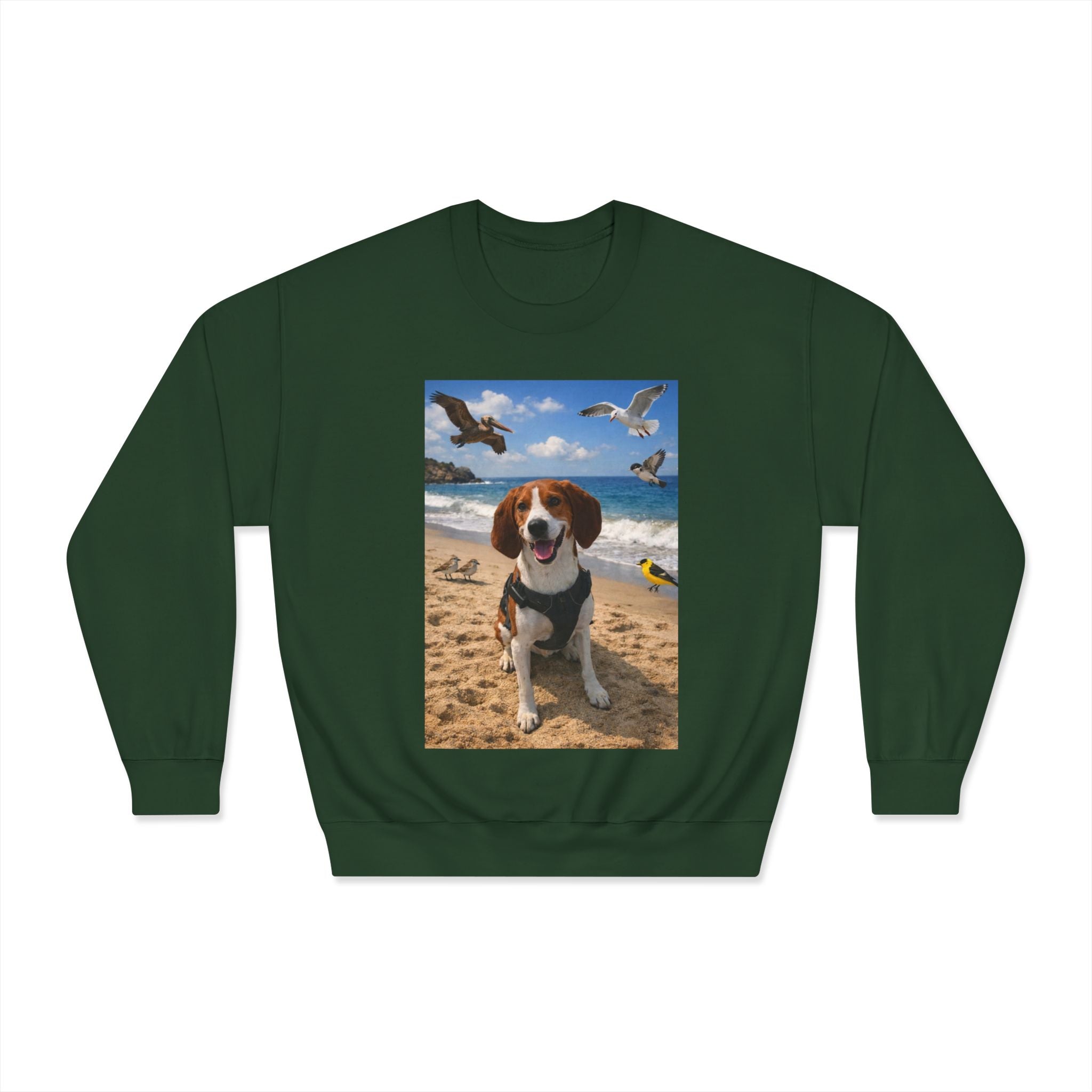 Beagle Beach Photo Crewneck Sweatshirt — Happy Dog on Sand with Seagulls