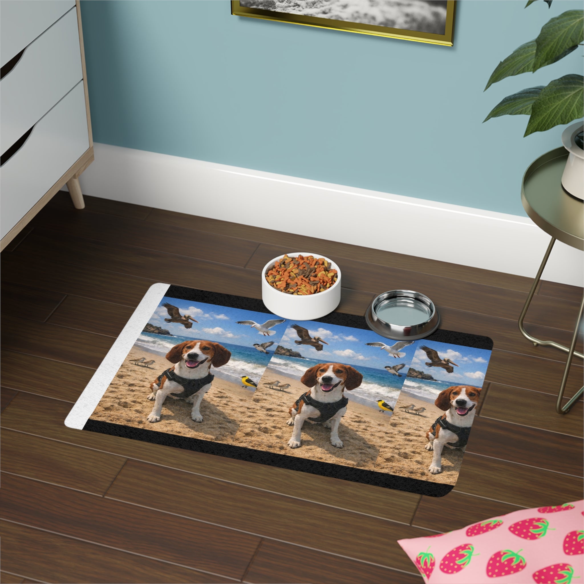Beach Dog Pet Food Mat (12x18) — Waterproof Feeding Mat with Happy Pup Design