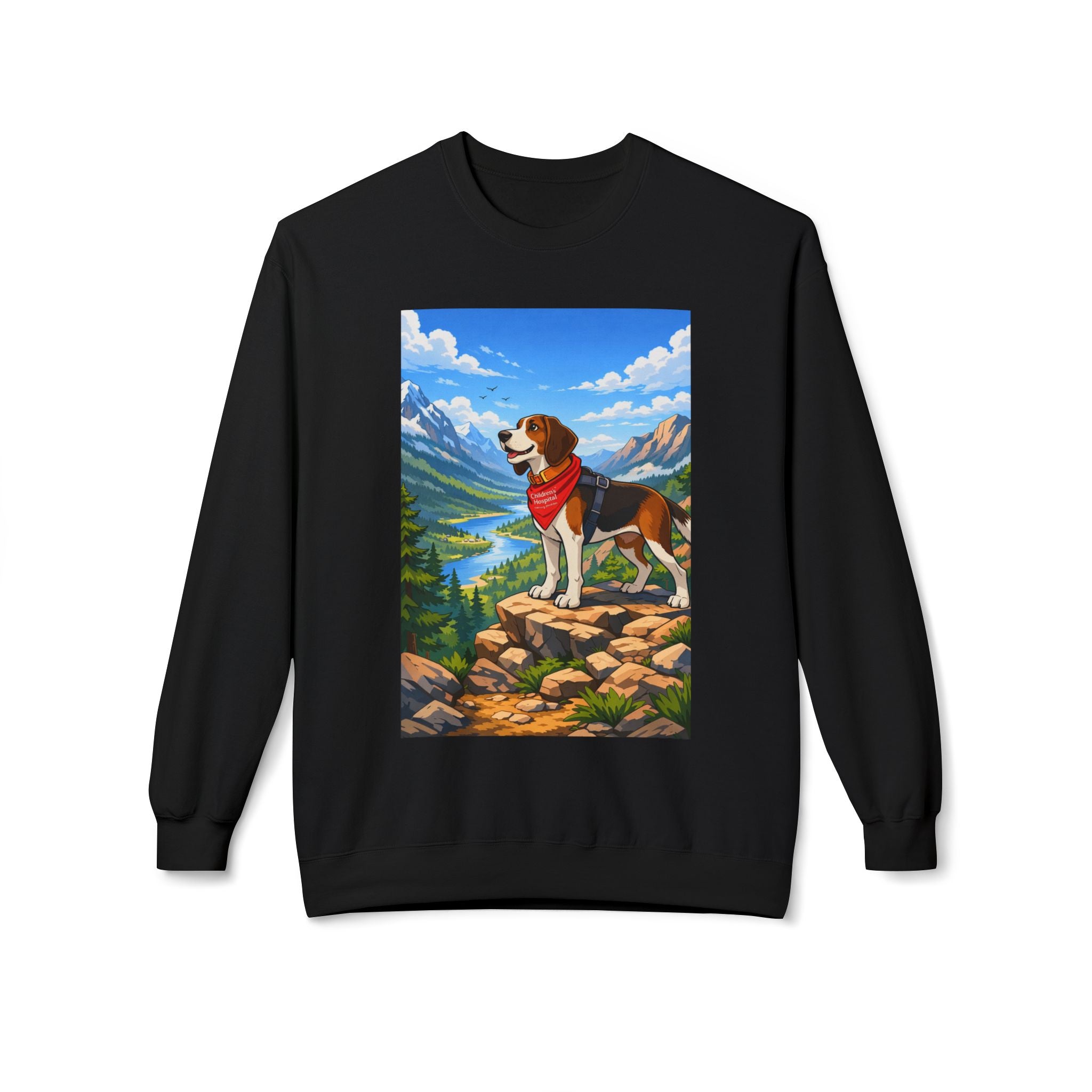 Beagle in the Mountains Crewneck Sweatshirt — Scenic Dog Graphic Pullover