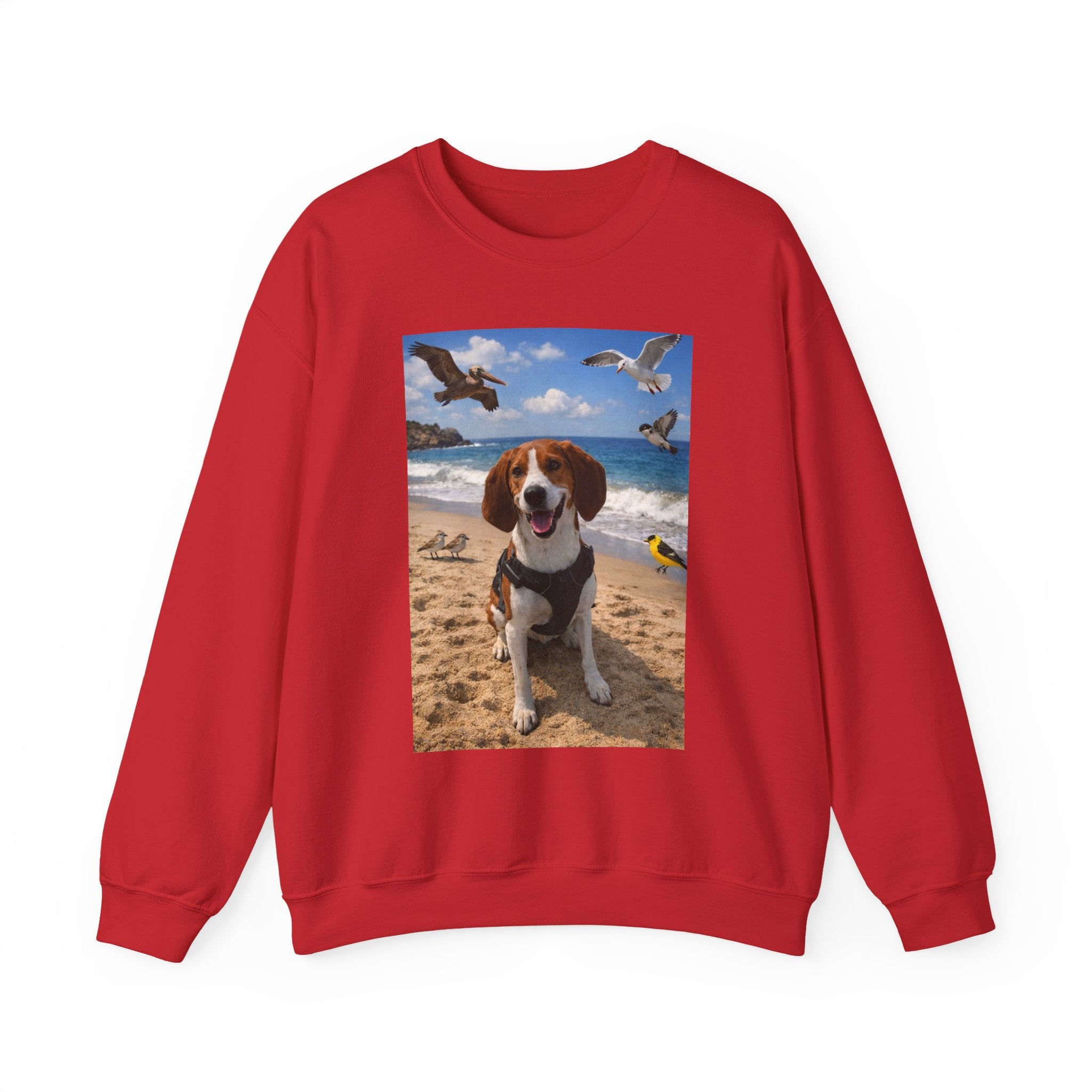 Beach Dog Photo Sweatshirt — Cute Beagle Seagulls Graphic Crewneck