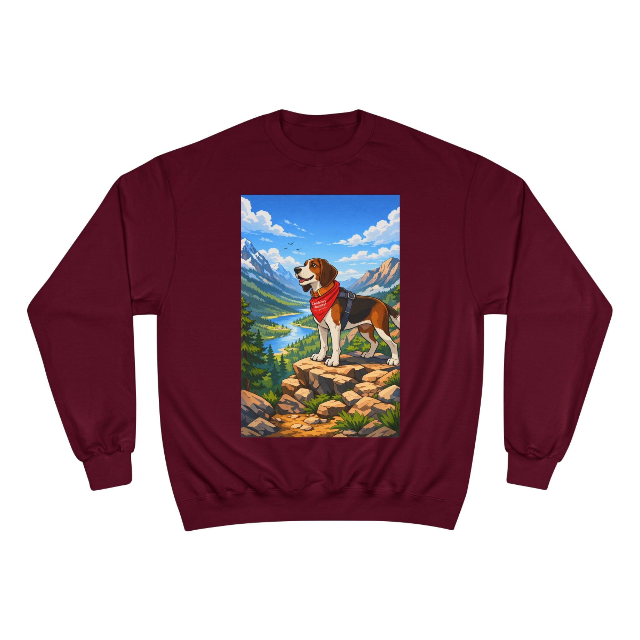 Beagle Hiking Sweatshirt — Scenic Mountain Dog Crewneck (Red Bandana)