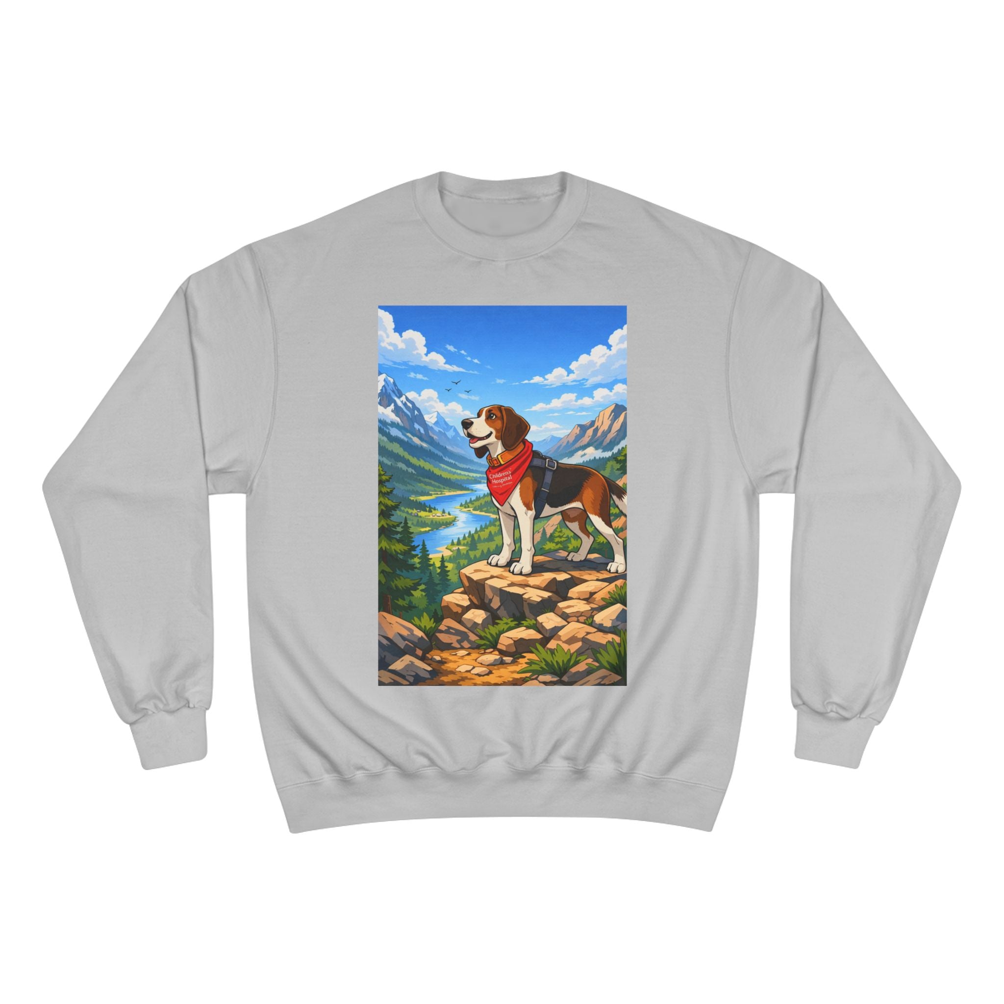 Beagle Hiking Sweatshirt — Scenic Mountain Dog Crewneck (Red Bandana)