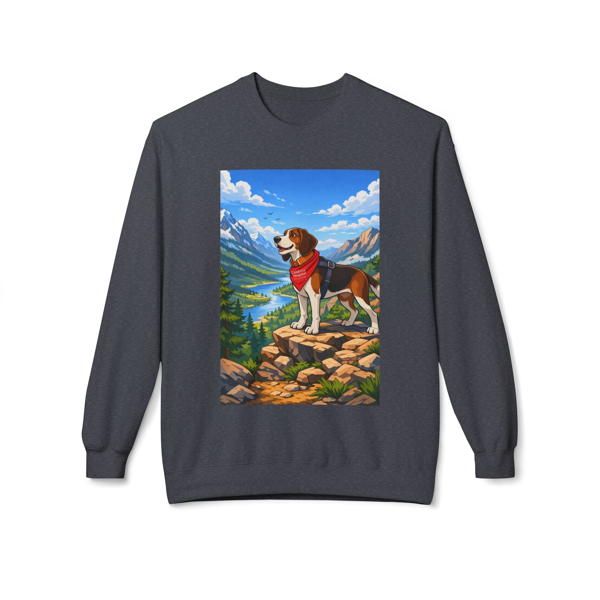 Beagle in the Mountains Crewneck Sweatshirt — Scenic Dog Graphic Pullover