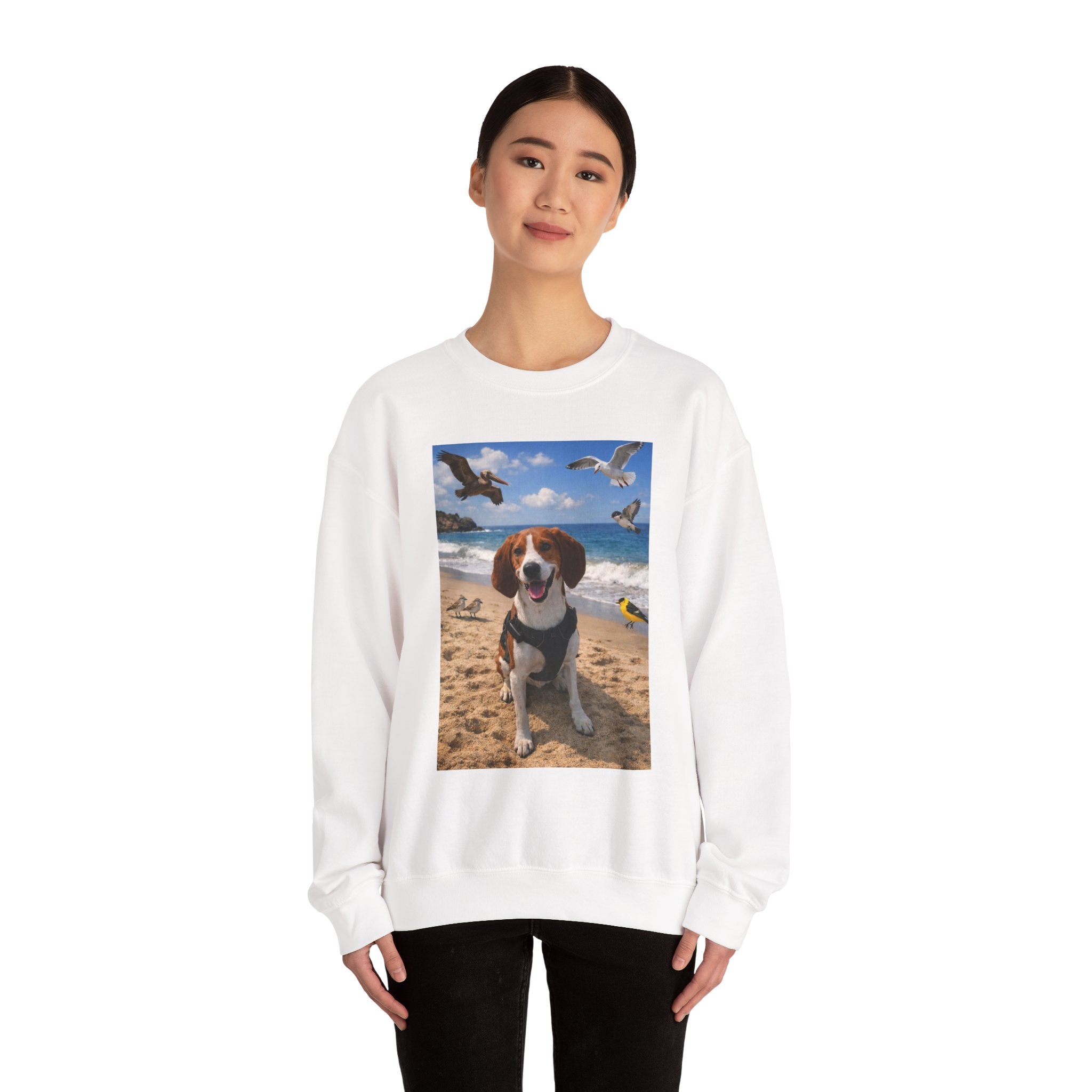 Beach Dog Photo Sweatshirt — Cute Beagle Seagulls Graphic Crewneck