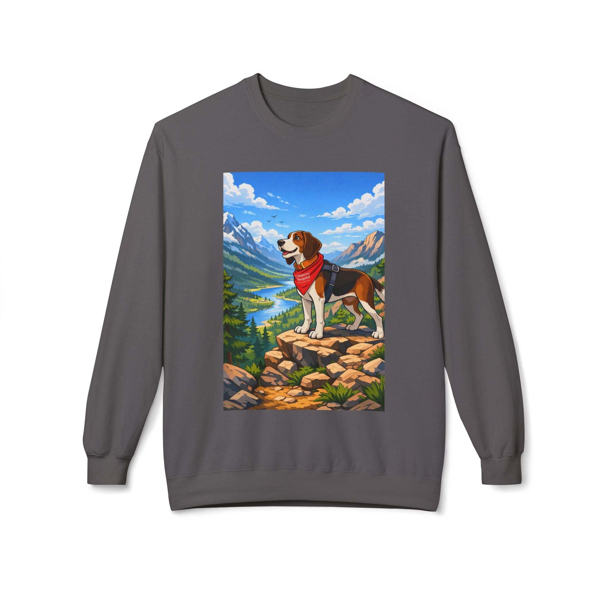 Beagle in the Mountains Crewneck Sweatshirt — Scenic Dog Graphic Pullover
