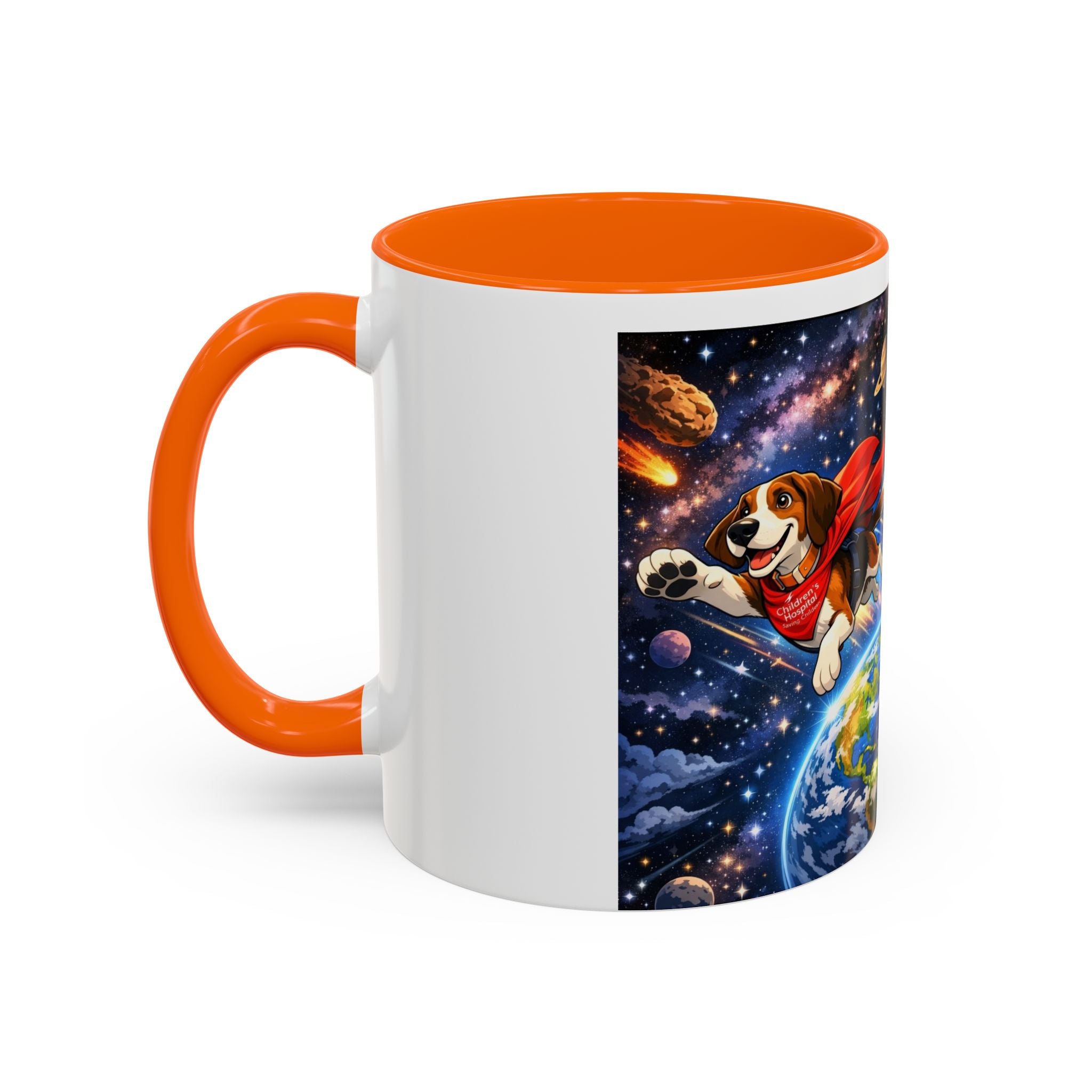 Superhero Beagle Coffee Mug — Cute Flying Dog Space Design (11/15oz)