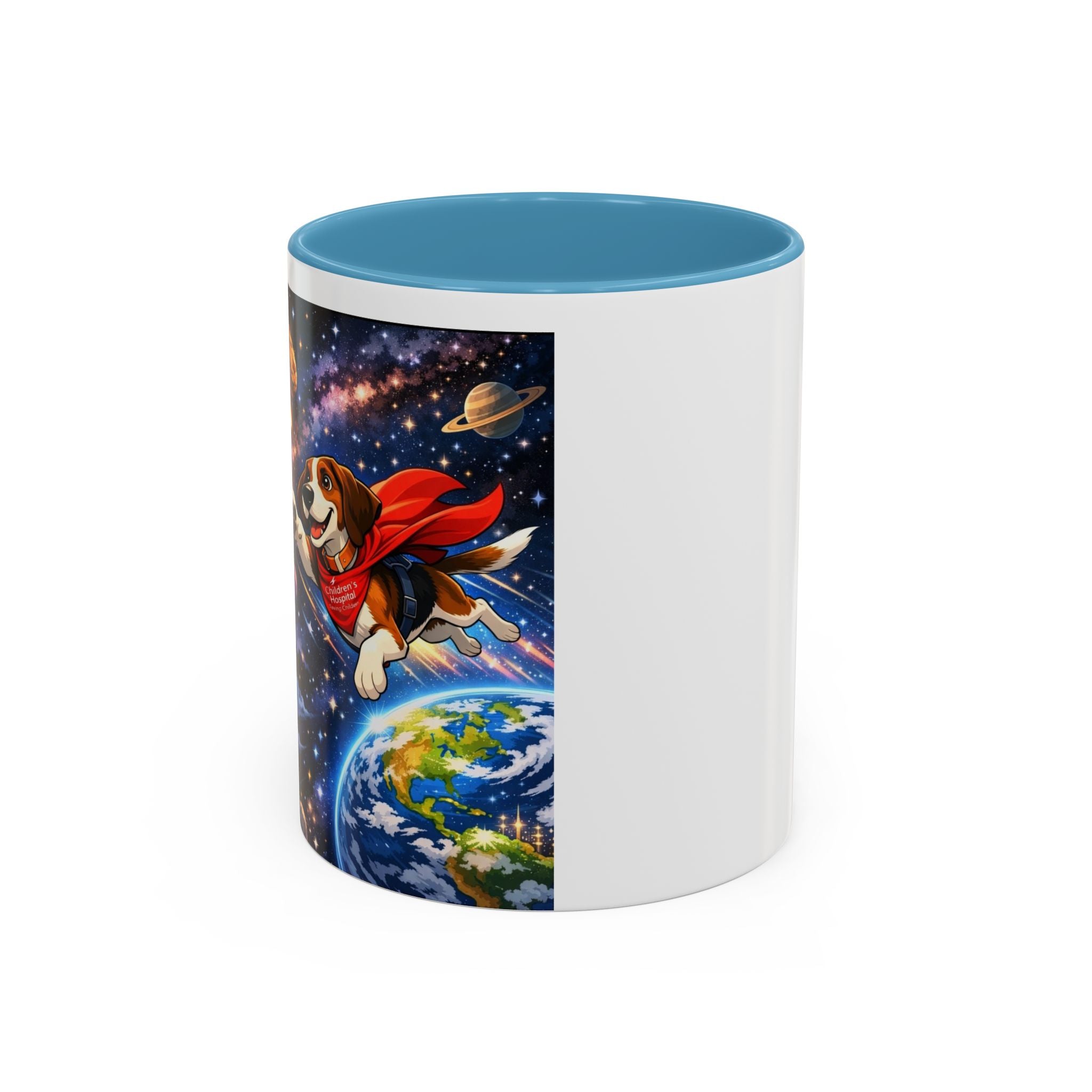 Superhero Beagle Coffee Mug — Cute Flying Dog Space Design (11/15oz)