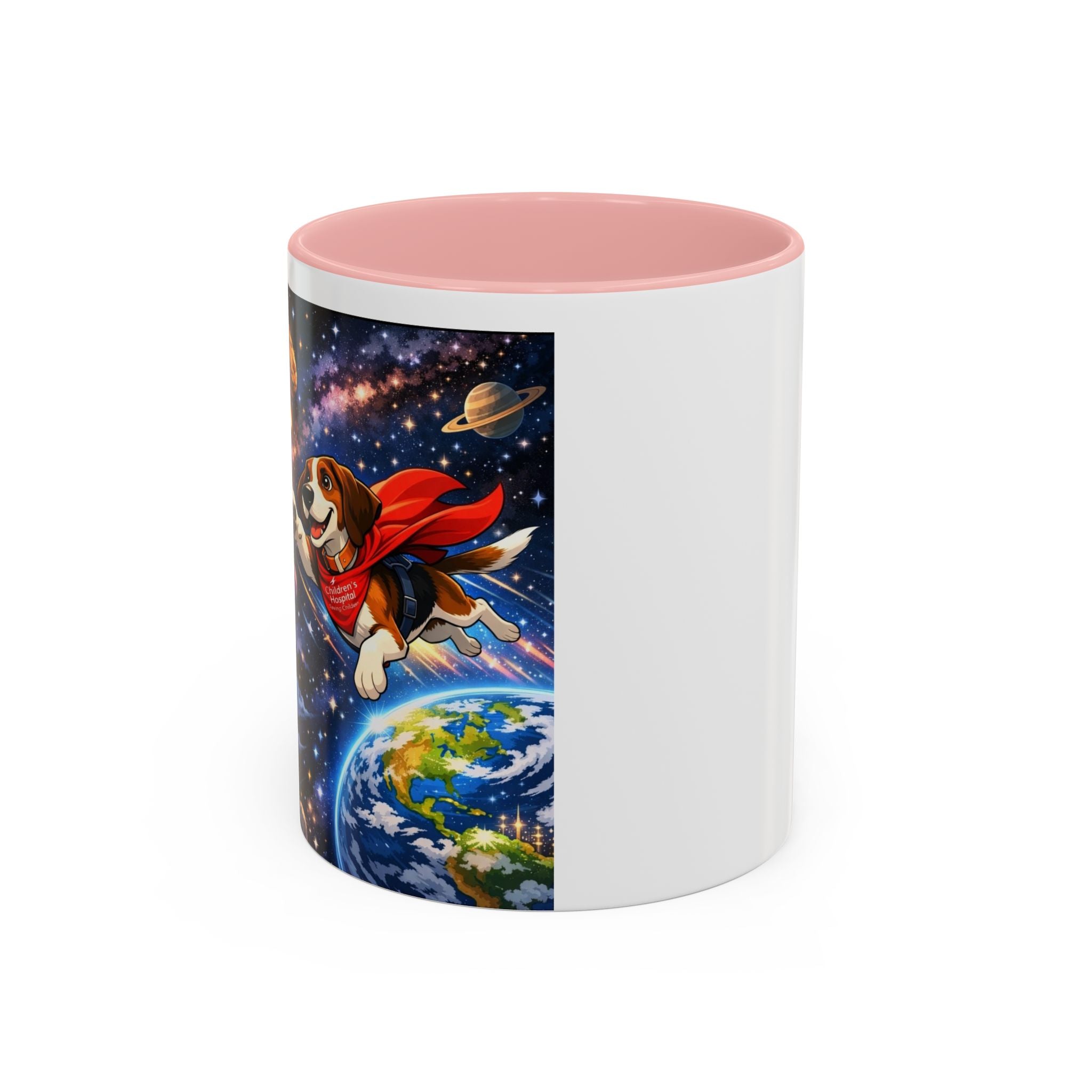 Superhero Beagle Coffee Mug — Cute Flying Dog Space Design (11/15oz)