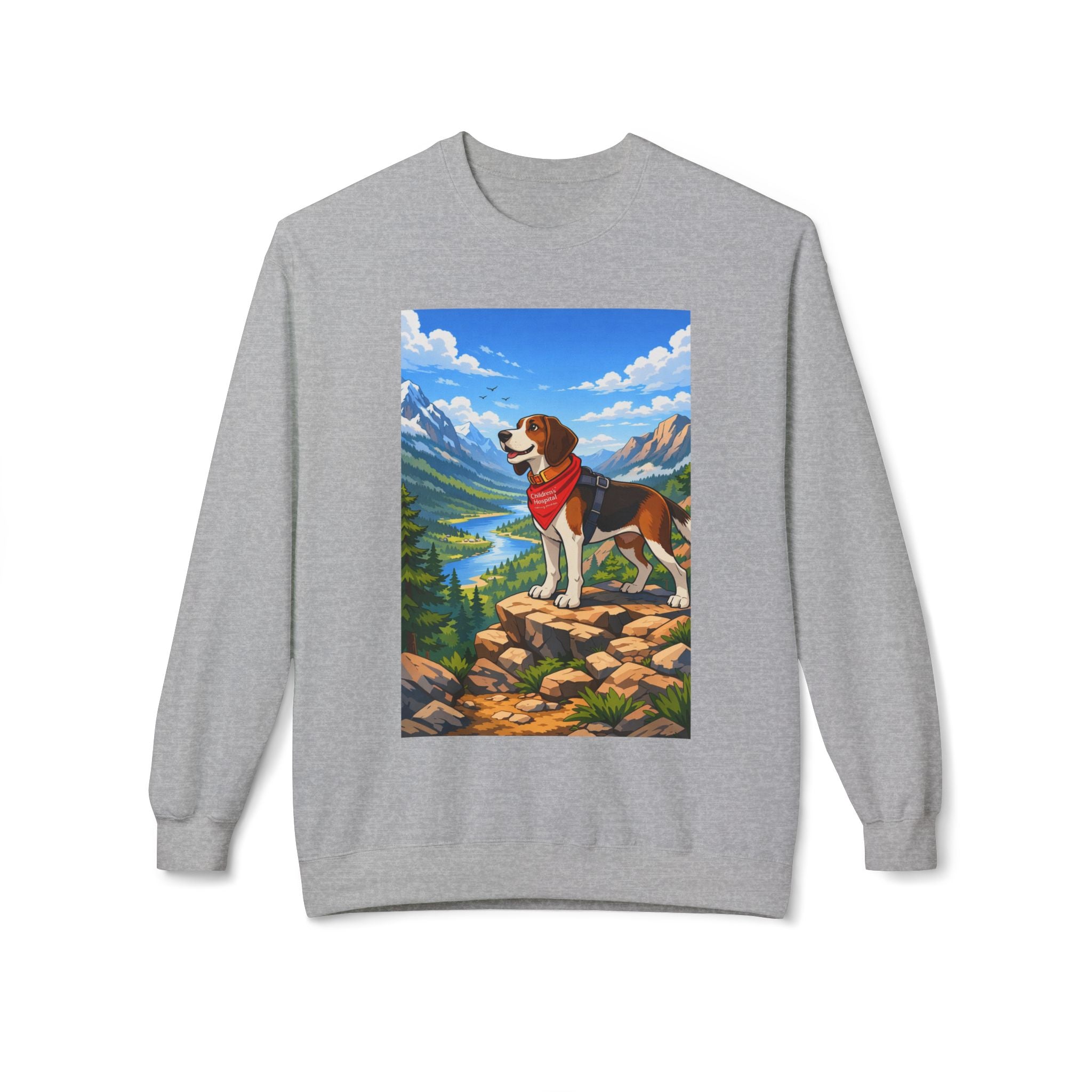 Beagle in the Mountains Crewneck Sweatshirt — Scenic Dog Graphic Pullover