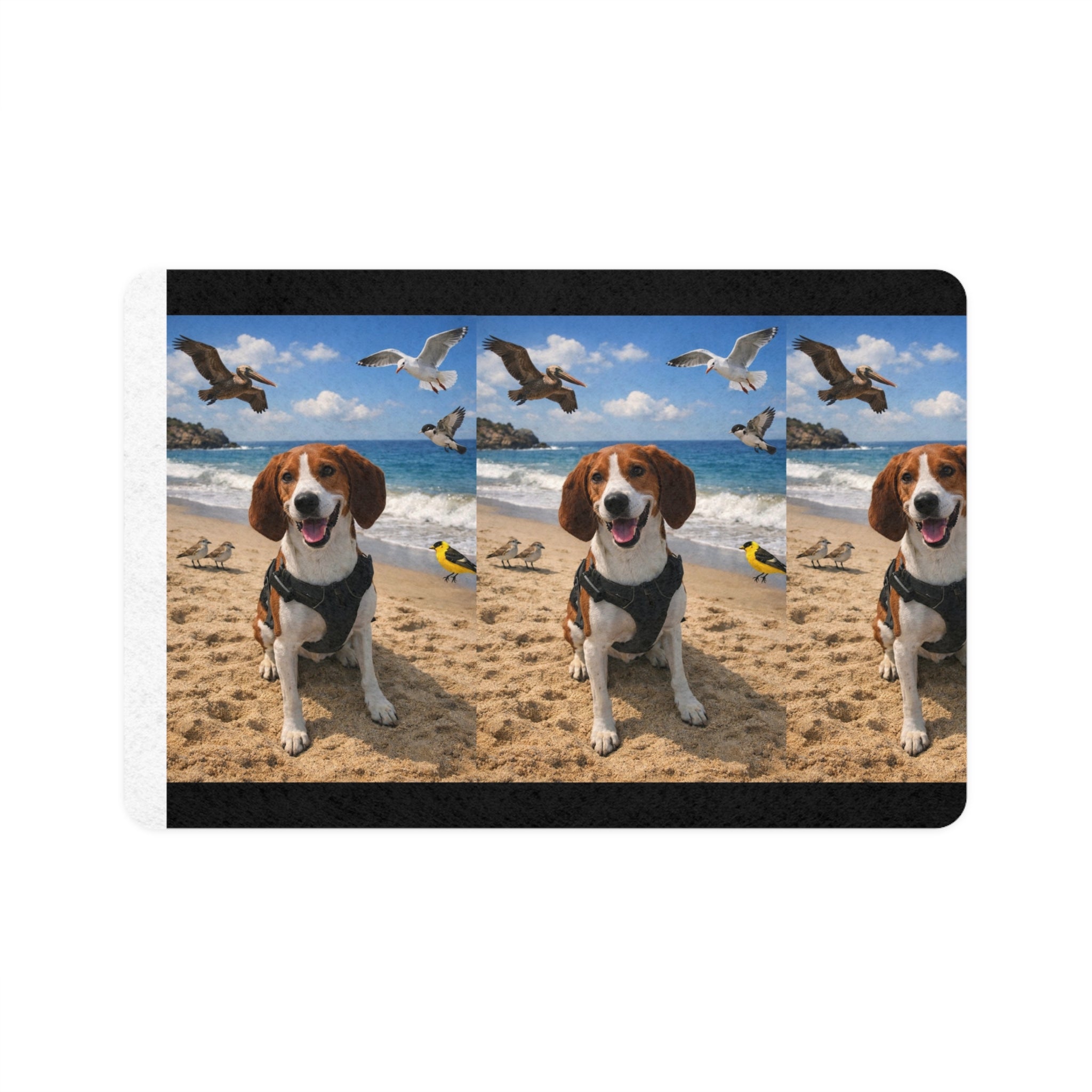 Beach Dog Pet Food Mat (12x18) — Waterproof Feeding Mat with Happy Pup Design