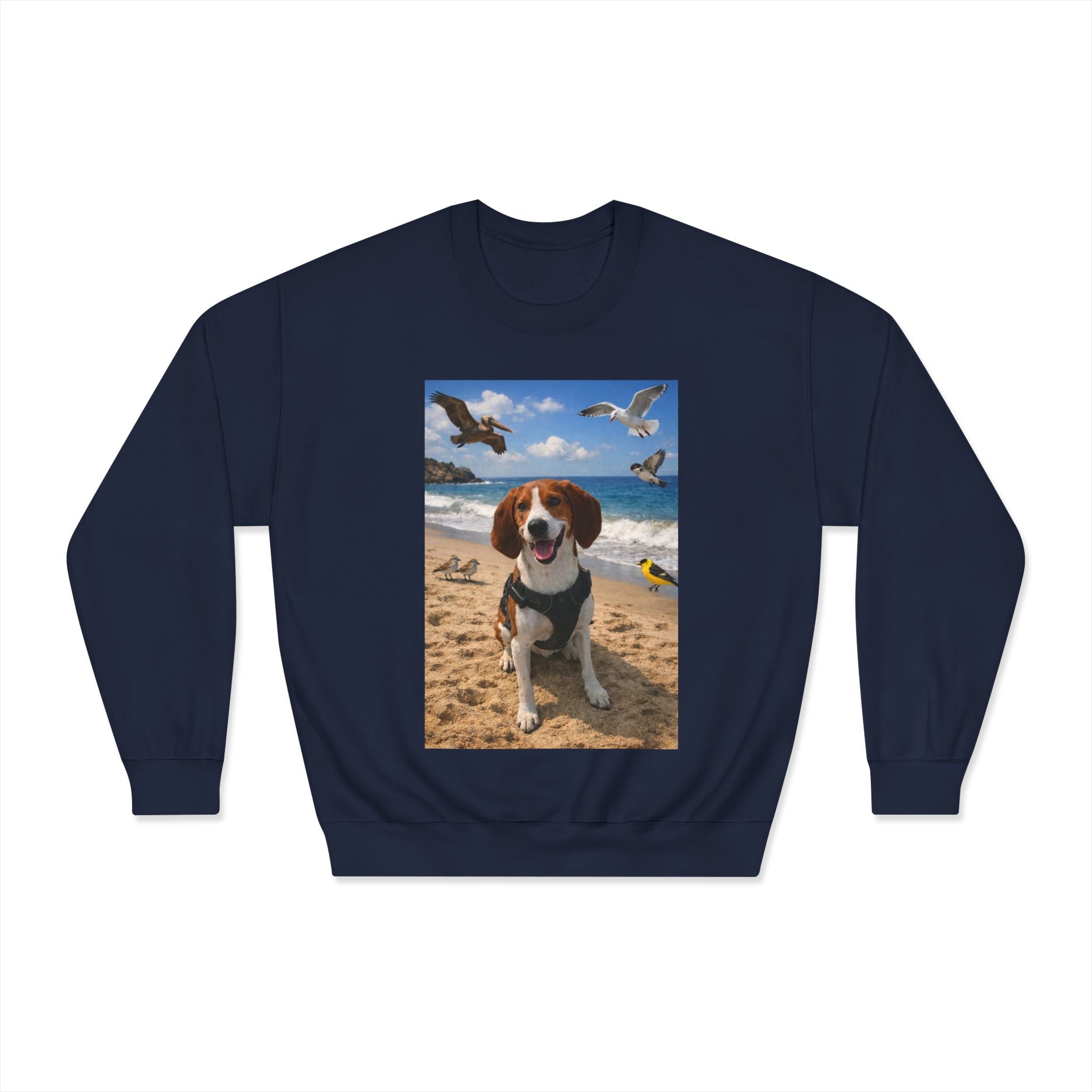 Beagle Beach Photo Crewneck Sweatshirt — Happy Dog on Sand with Seagulls