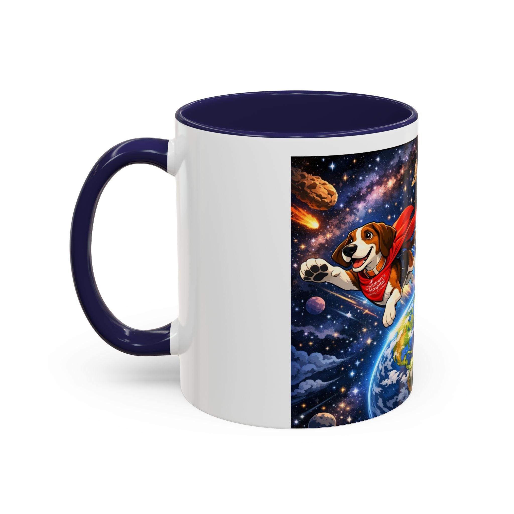 Superhero Beagle Coffee Mug — Cute Flying Dog Space Design (11/15oz)