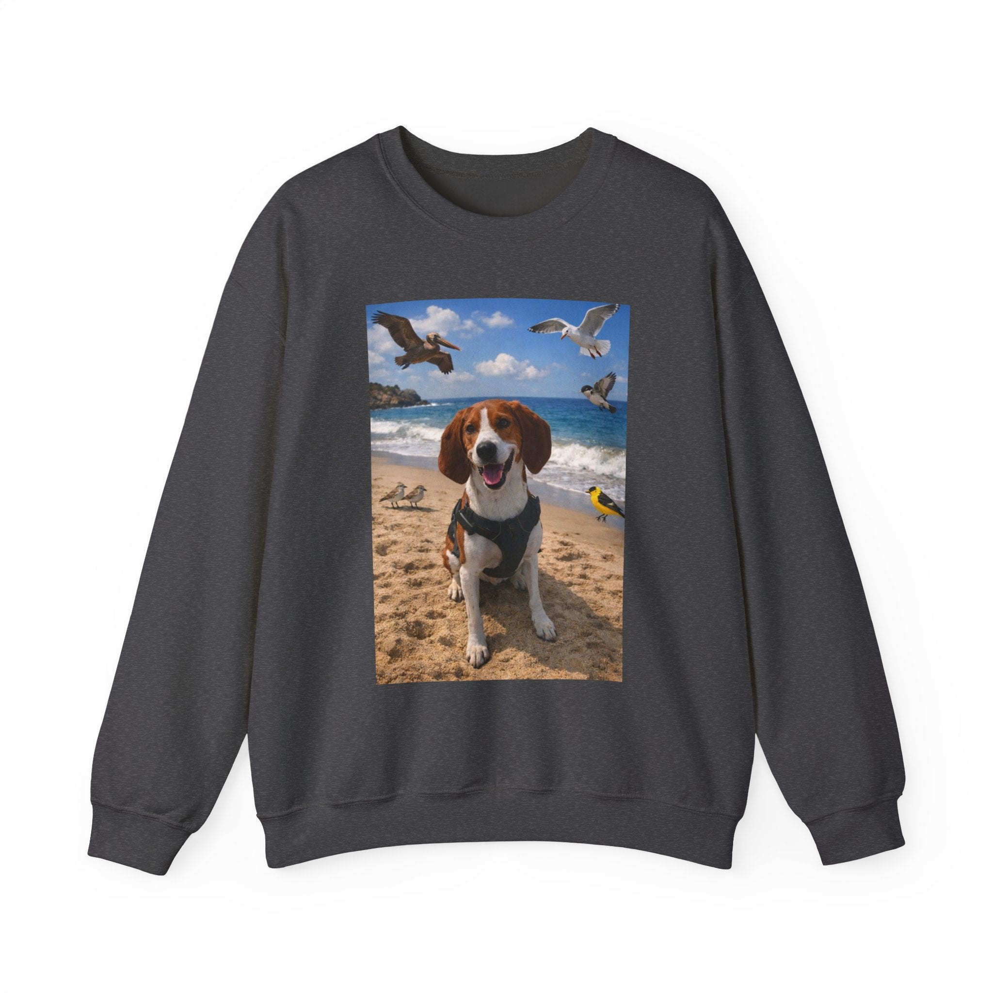 Beach Dog Photo Sweatshirt — Cute Beagle Seagulls Graphic Crewneck