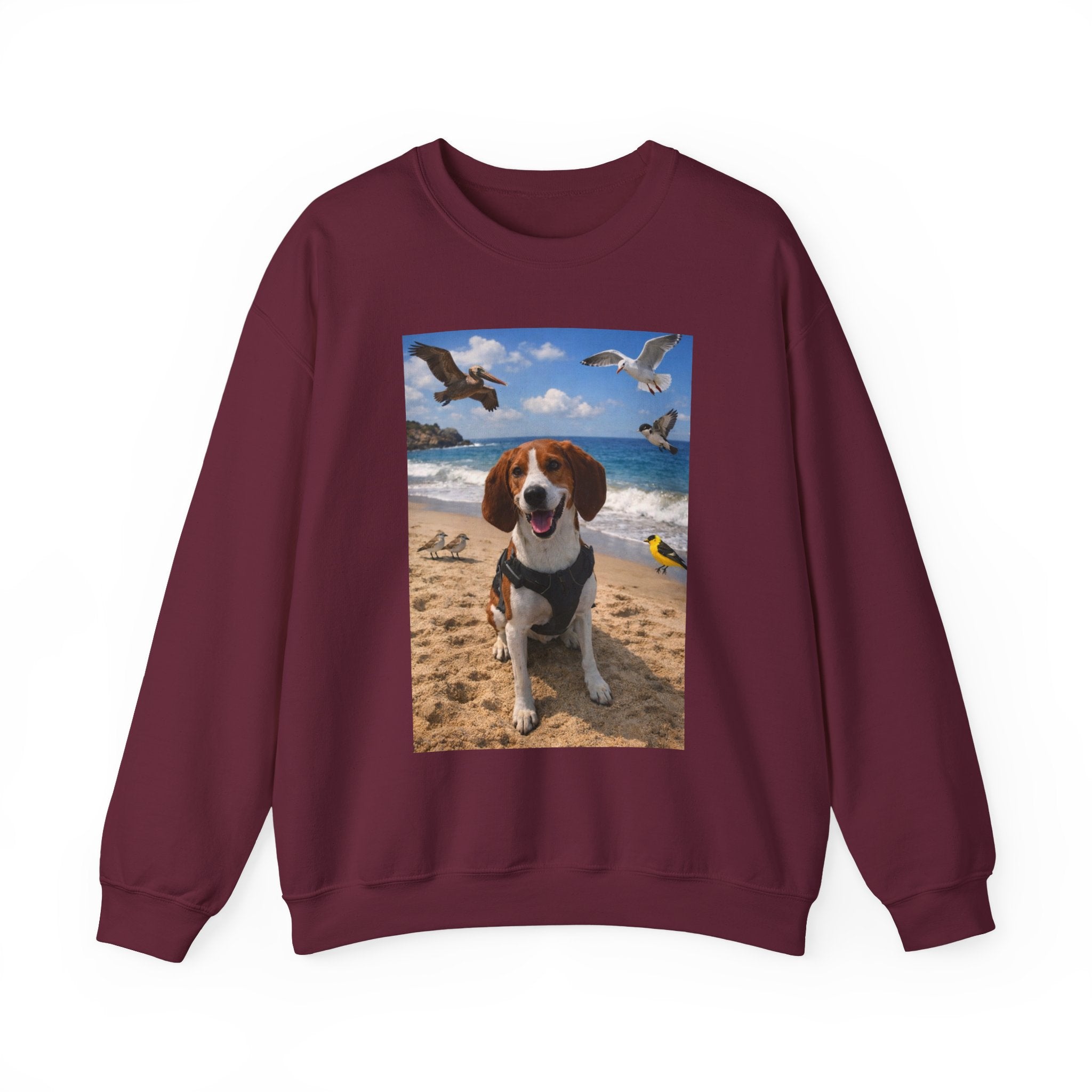 Beach Dog Photo Sweatshirt — Cute Beagle Seagulls Graphic Crewneck