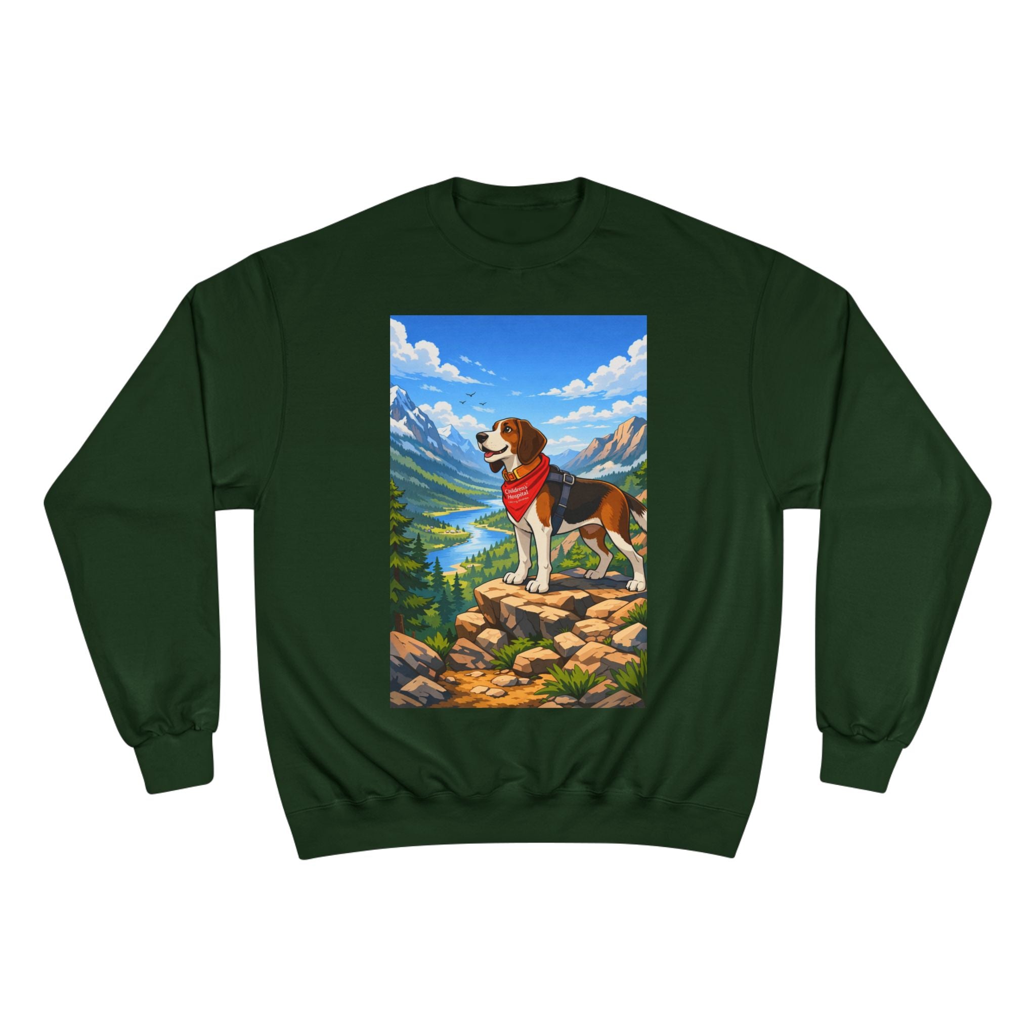 Beagle Hiking Sweatshirt — Scenic Mountain Dog Crewneck (Red Bandana)
