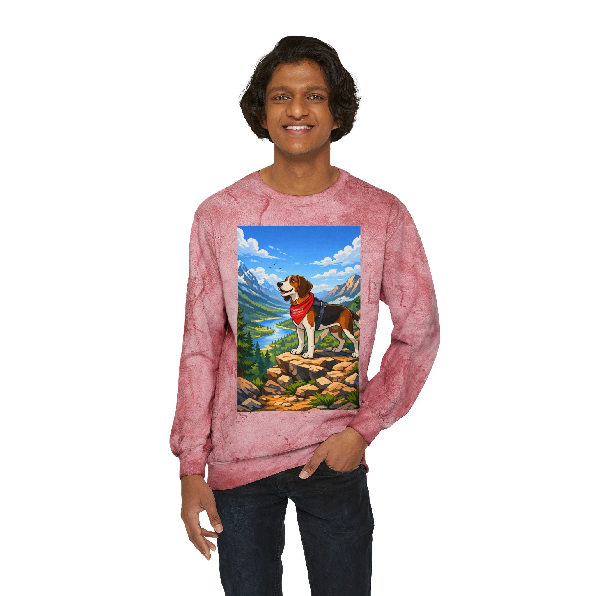 Adventure Beagle Crewneck Sweatshirt — Scenic Mountain Dog Graphic