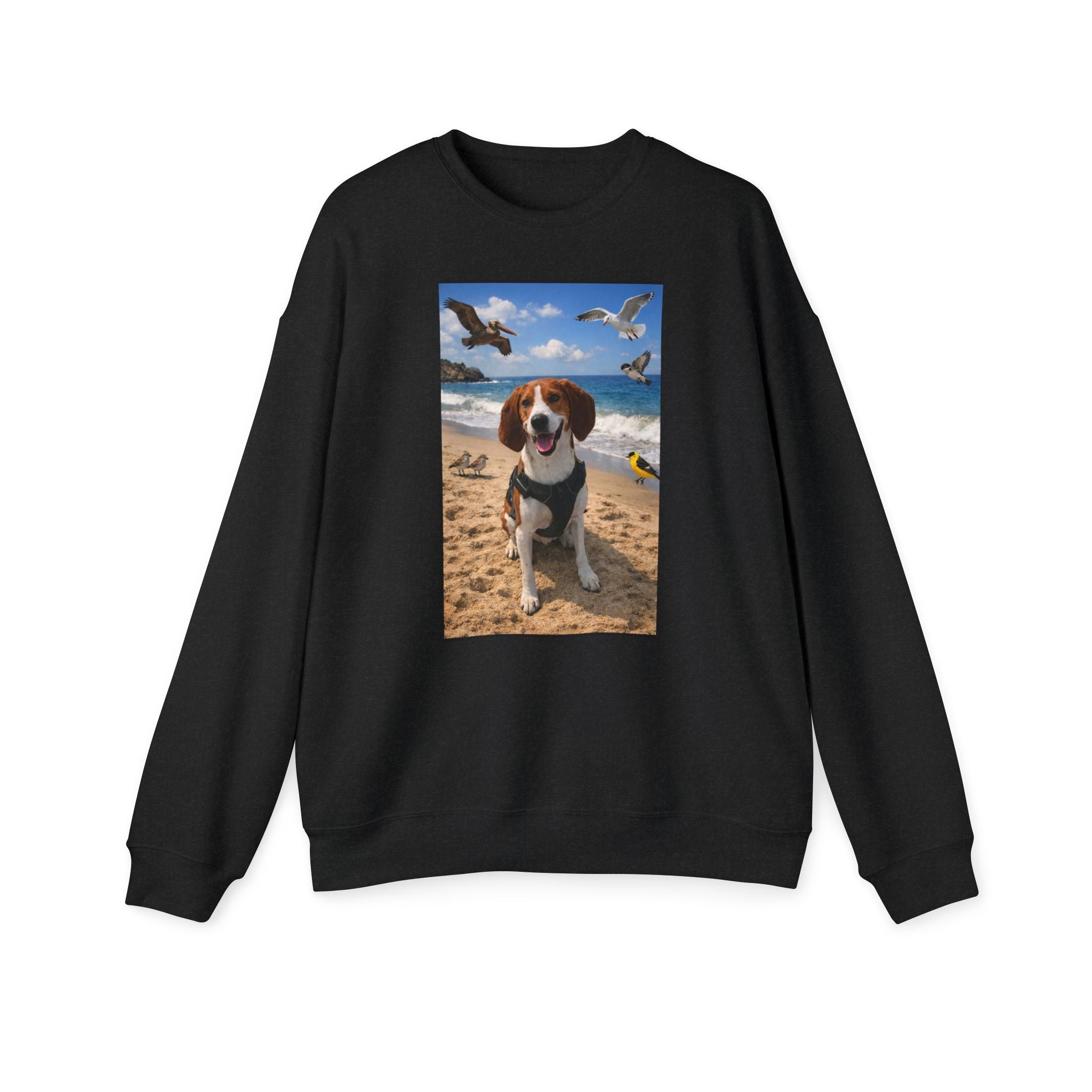 Beach Beagle Sweatshirt – Happy Dog on Shore Graphic Crewneck
