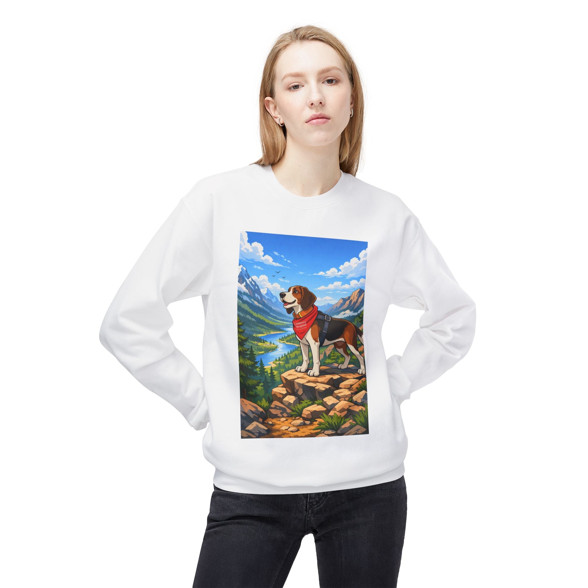 Beagle in the Mountains Crewneck Sweatshirt — Scenic Dog Graphic Pullover