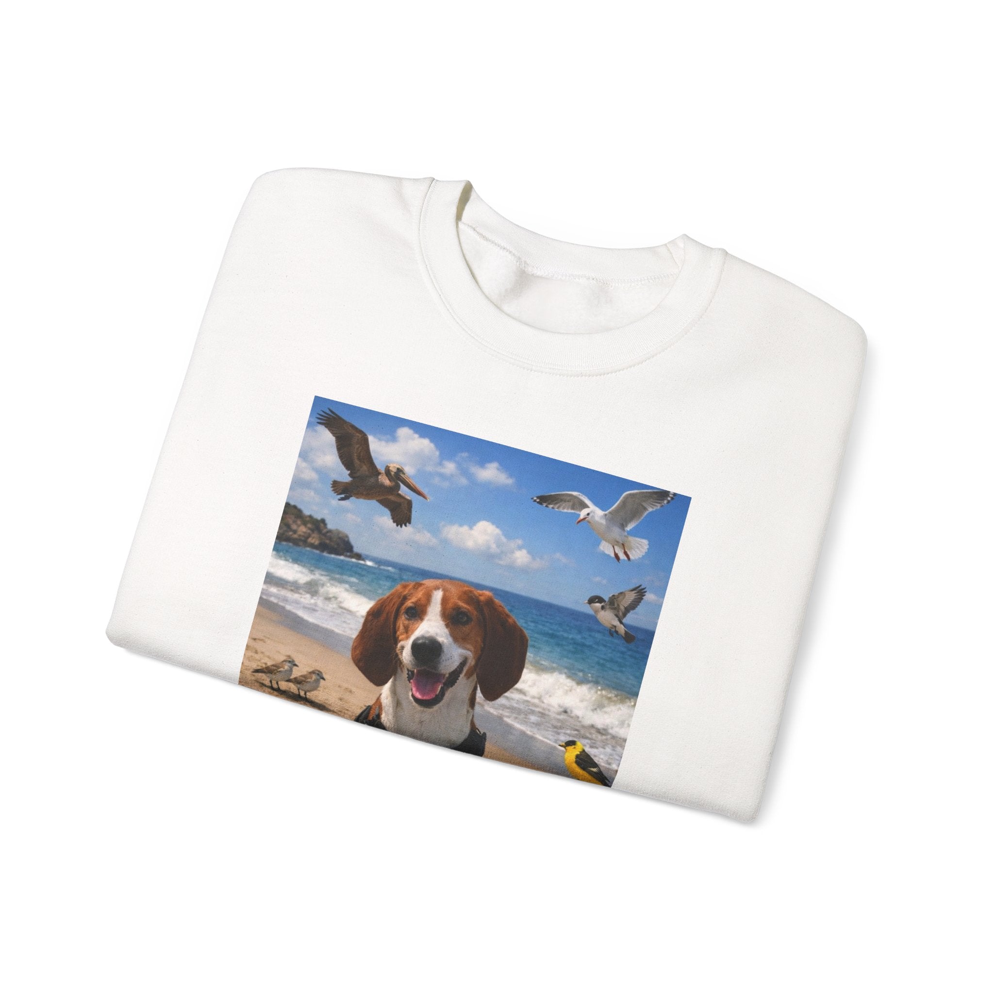 Beach Dog Photo Sweatshirt — Cute Beagle Seagulls Graphic Crewneck