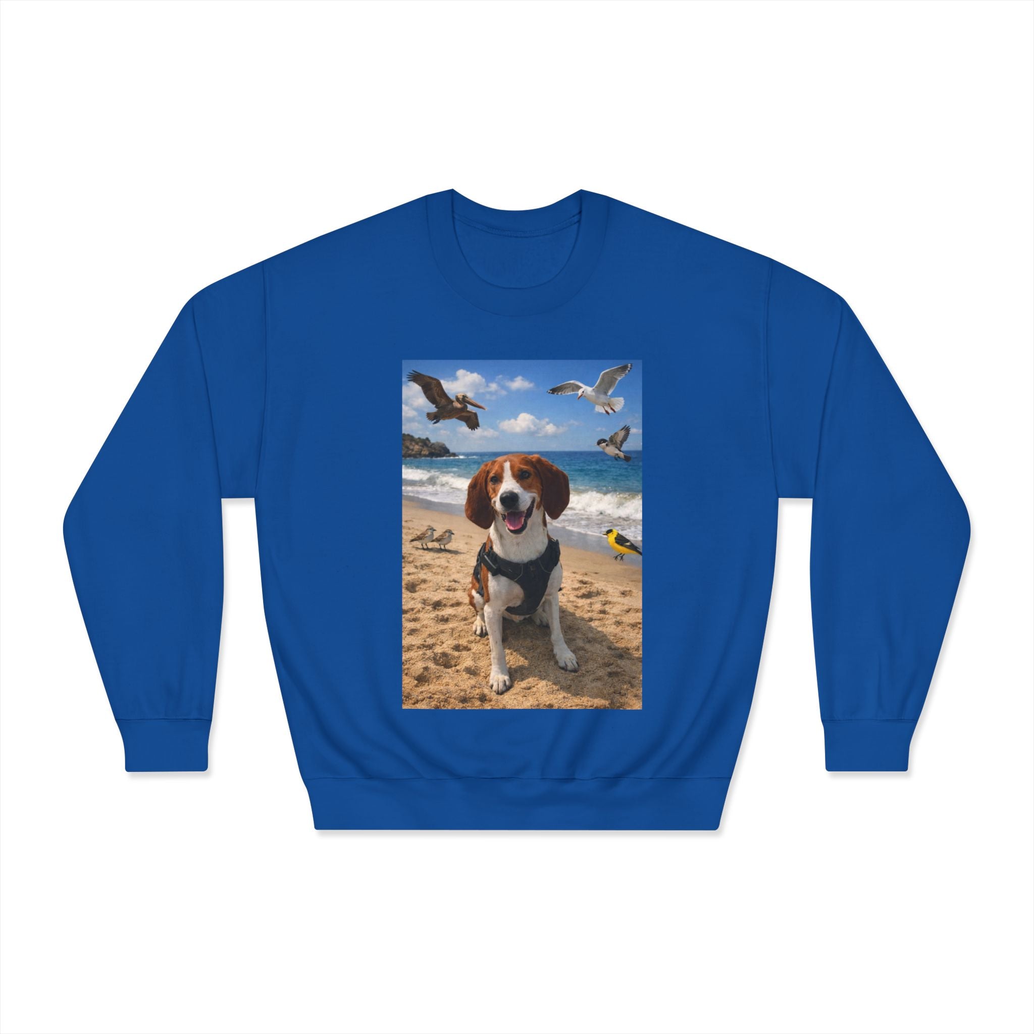 Beagle Beach Photo Crewneck Sweatshirt — Happy Dog on Sand with Seagulls