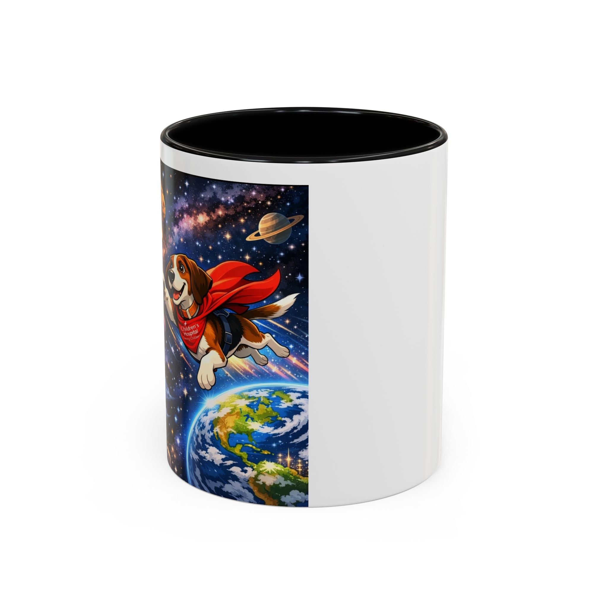 Superhero Beagle Coffee Mug — Cute Flying Dog Space Design (11/15oz)