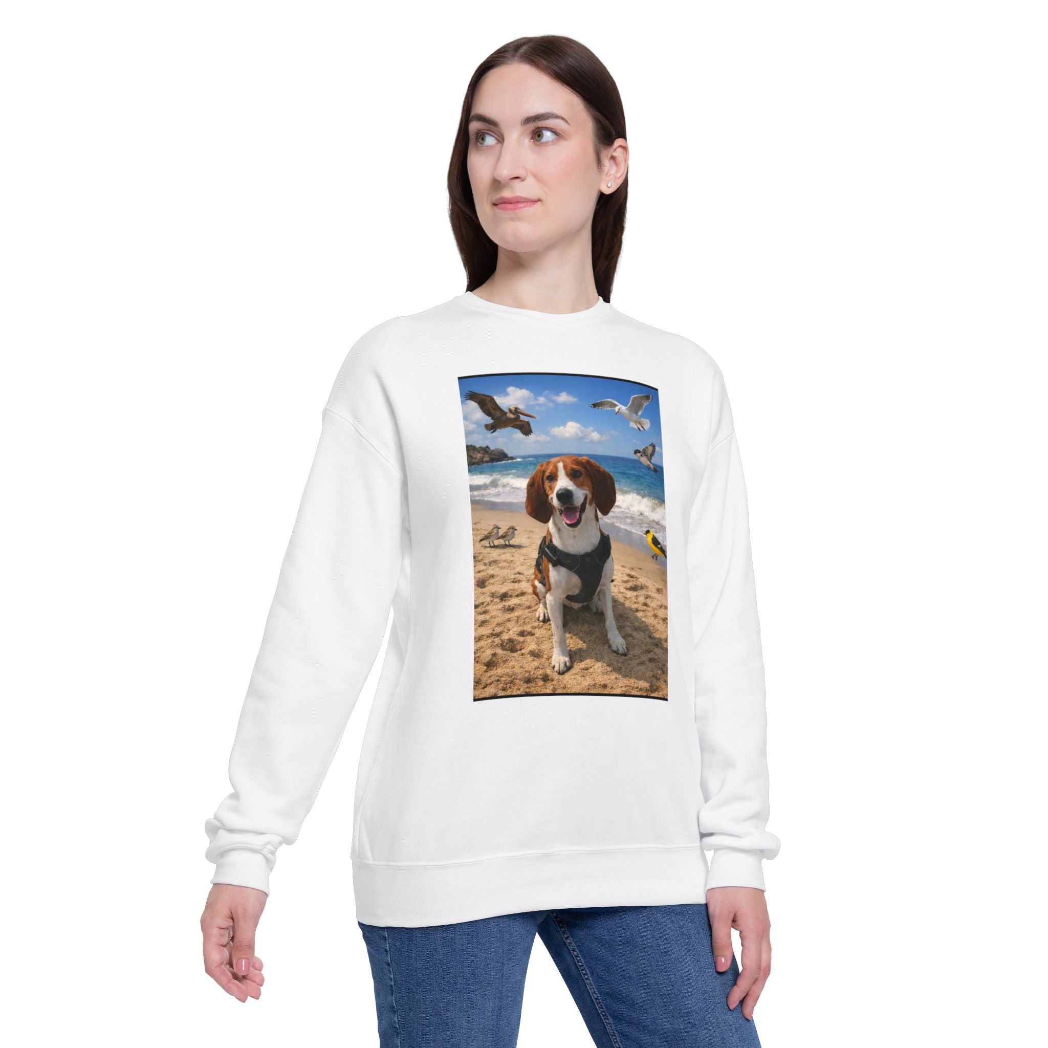Beach Beagle Sweatshirt – Happy Dog on Shore Graphic Crewneck
