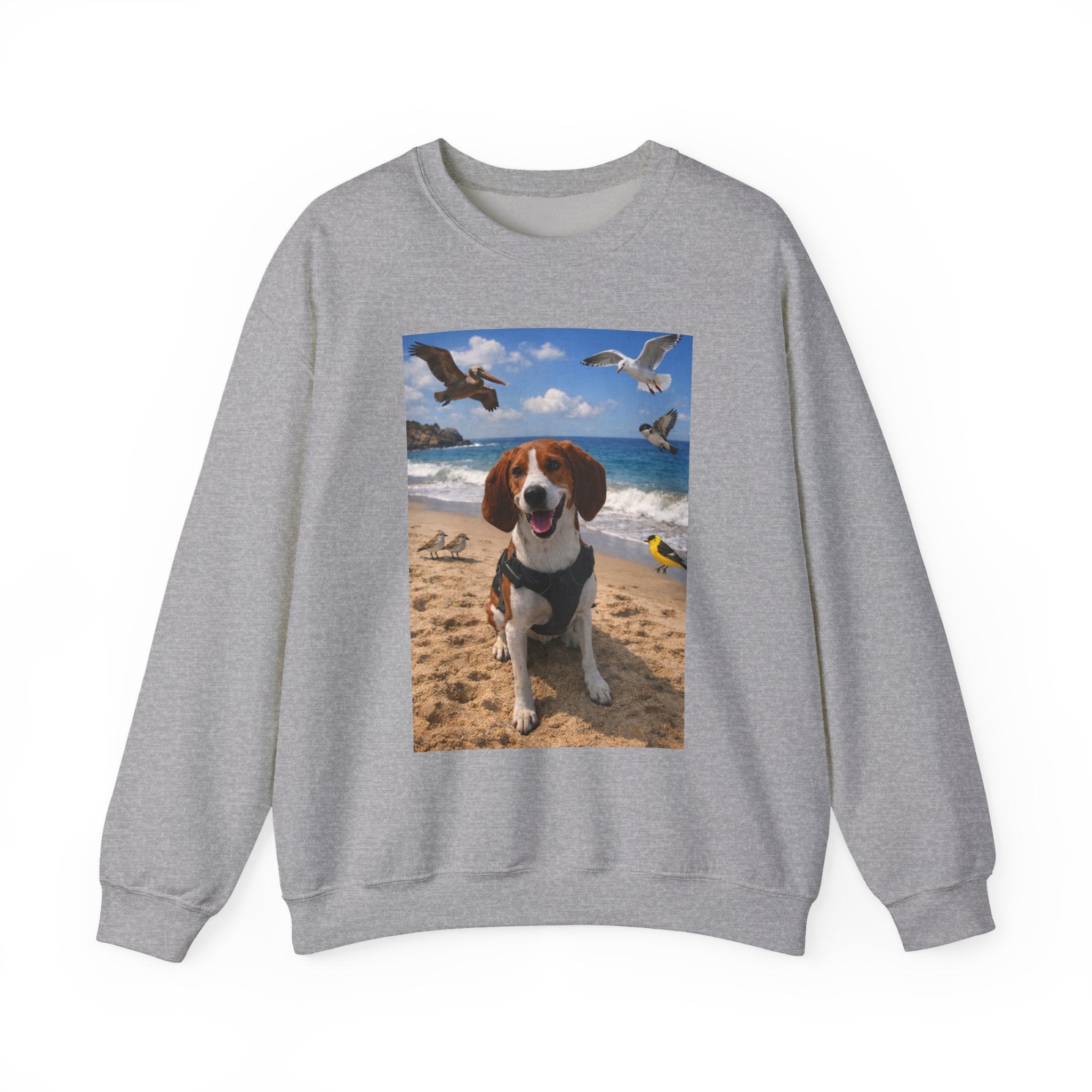 Beach Dog Photo Sweatshirt — Cute Beagle Seagulls Graphic Crewneck