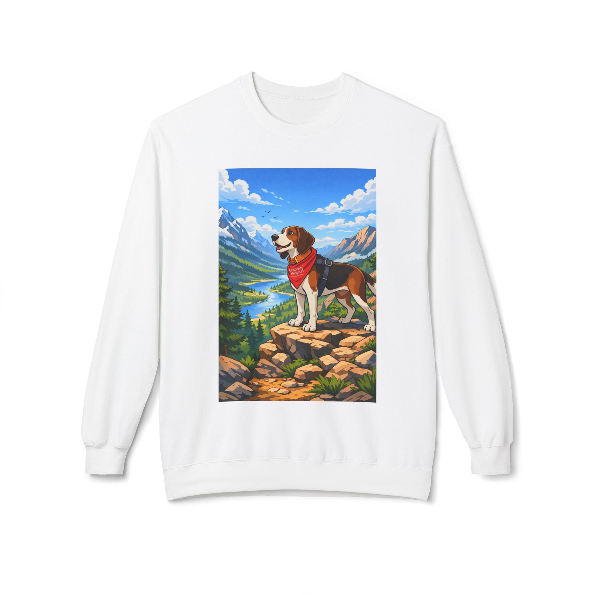 Beagle in the Mountains Crewneck Sweatshirt — Scenic Dog Graphic Pullover