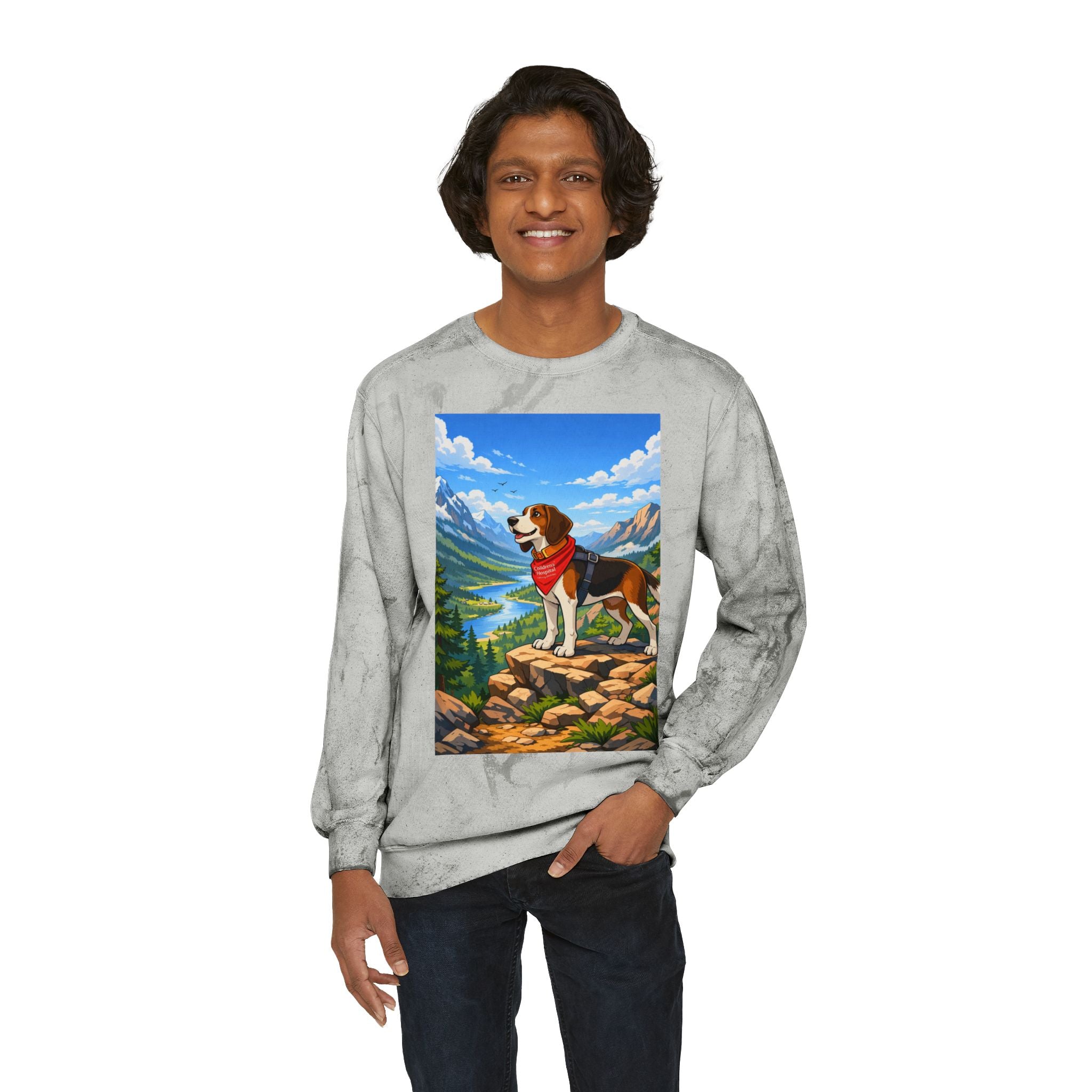 Adventure Beagle Crewneck Sweatshirt — Scenic Mountain Dog Graphic