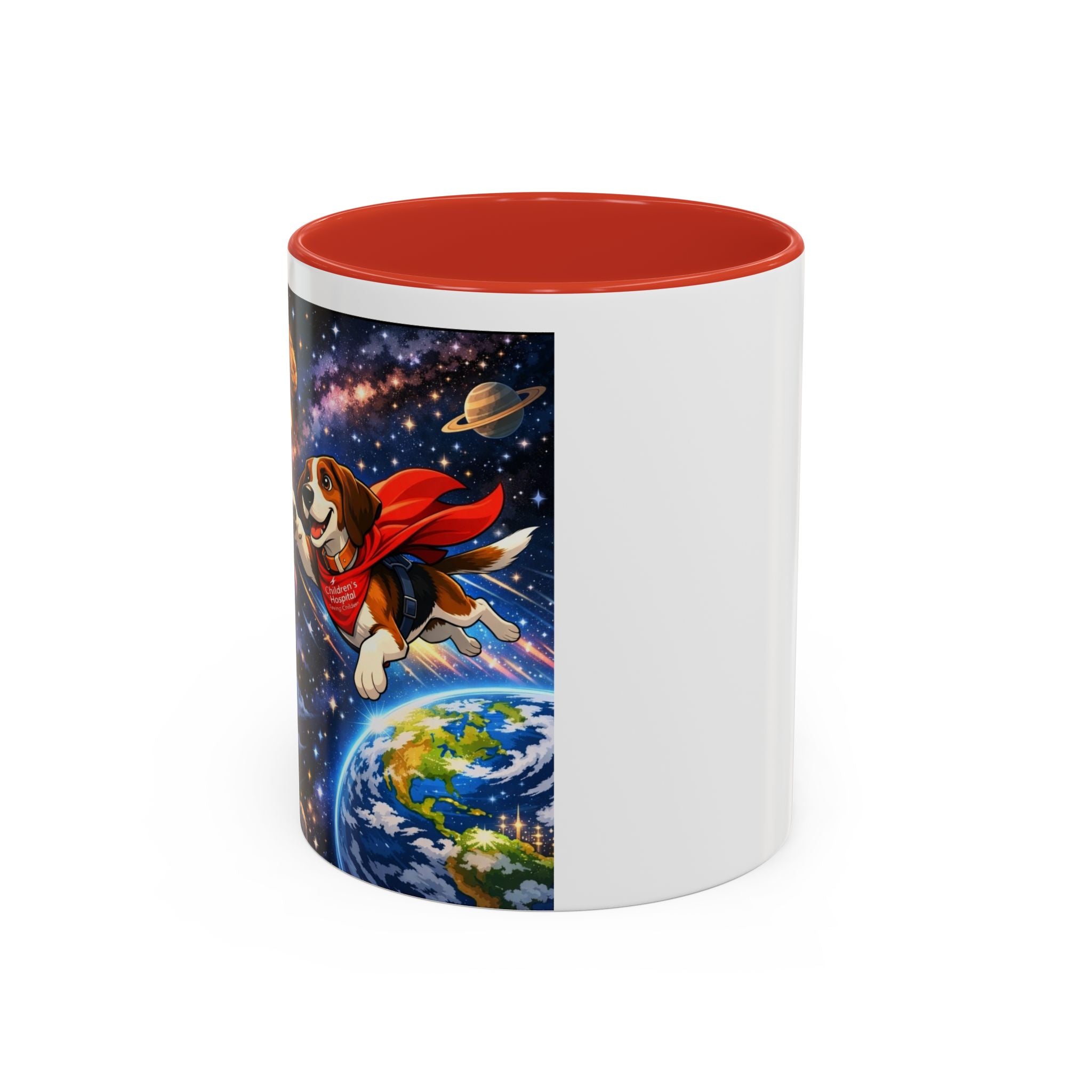 Superhero Beagle Coffee Mug — Cute Flying Dog Space Design (11/15oz)
