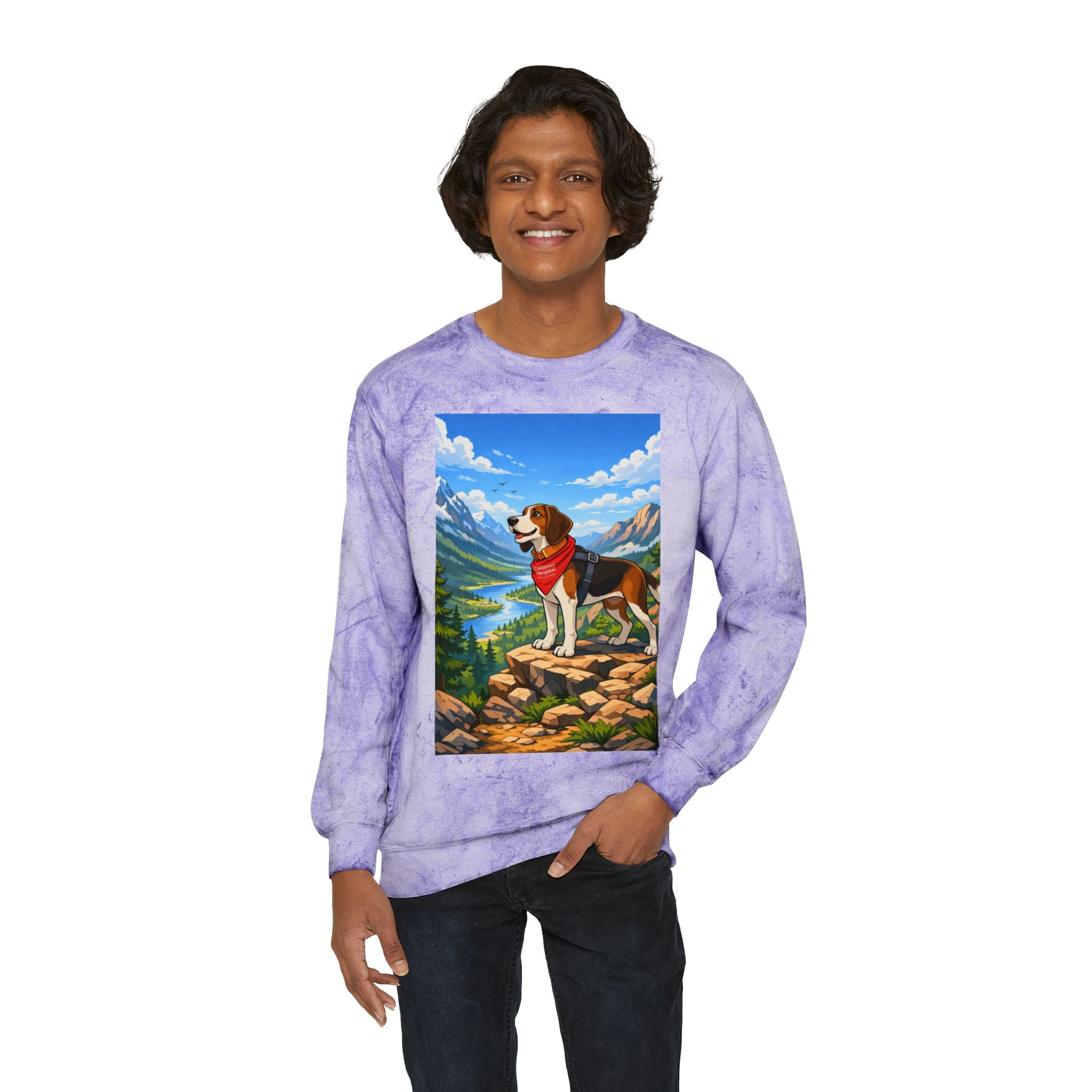 Adventure Beagle Crewneck Sweatshirt — Scenic Mountain Dog Graphic