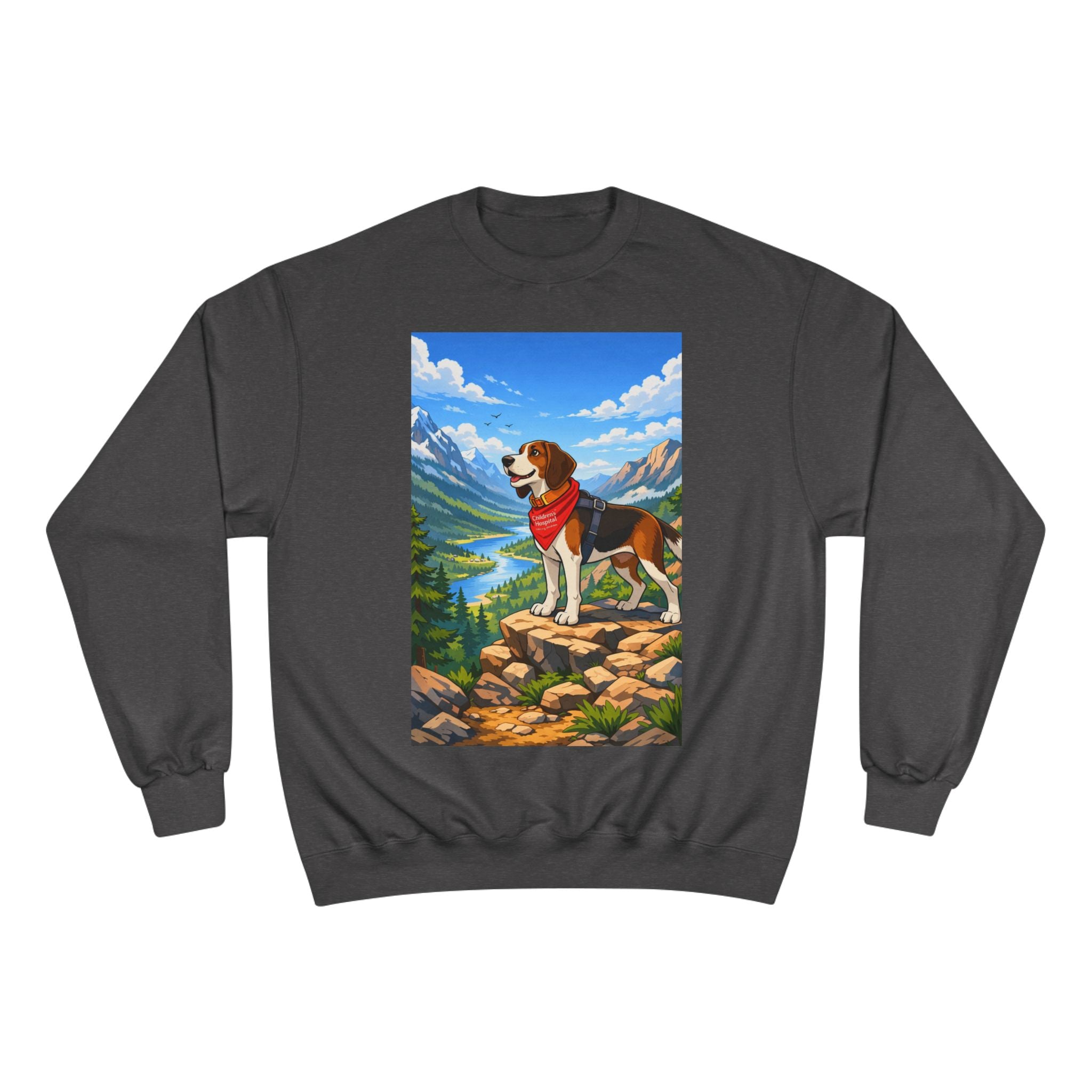 Beagle Hiking Sweatshirt — Scenic Mountain Dog Crewneck (Red Bandana)