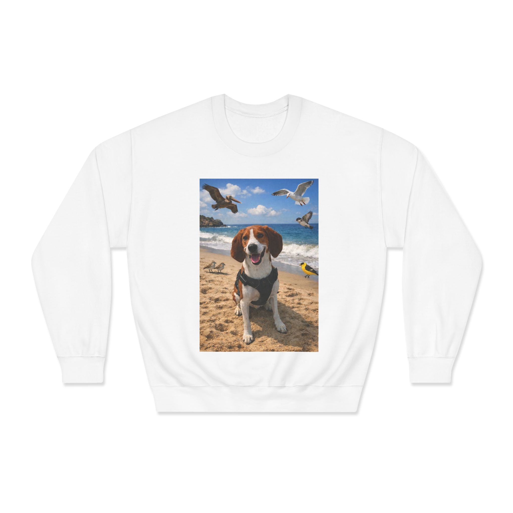 Beagle Beach Photo Crewneck Sweatshirt — Happy Dog on Sand with Seagulls