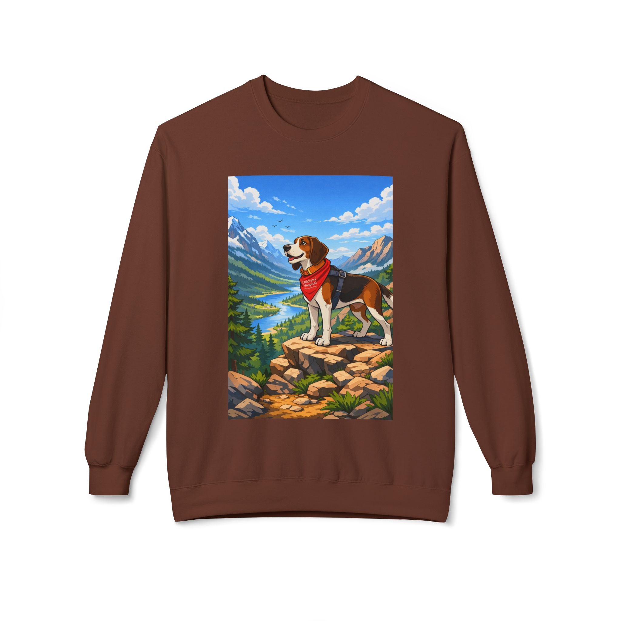 Beagle in the Mountains Crewneck Sweatshirt — Scenic Dog Graphic Pullover