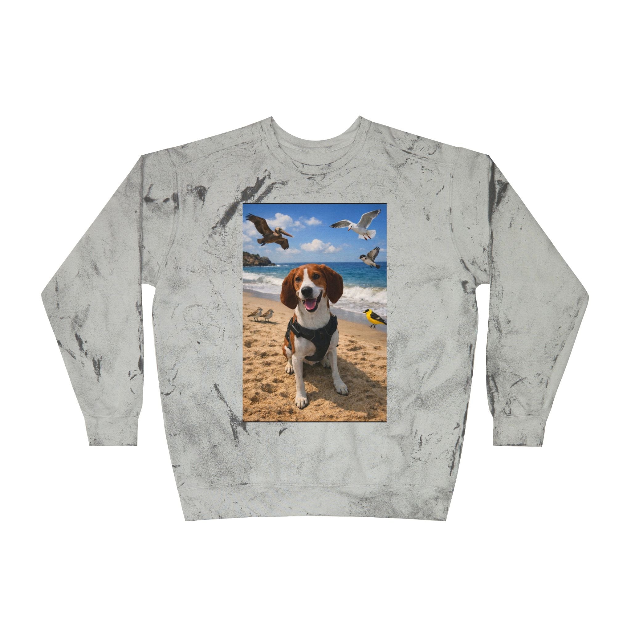 Beach Dog Crewneck Sweatshirt — Happy Beagle Seagulls Photo Print