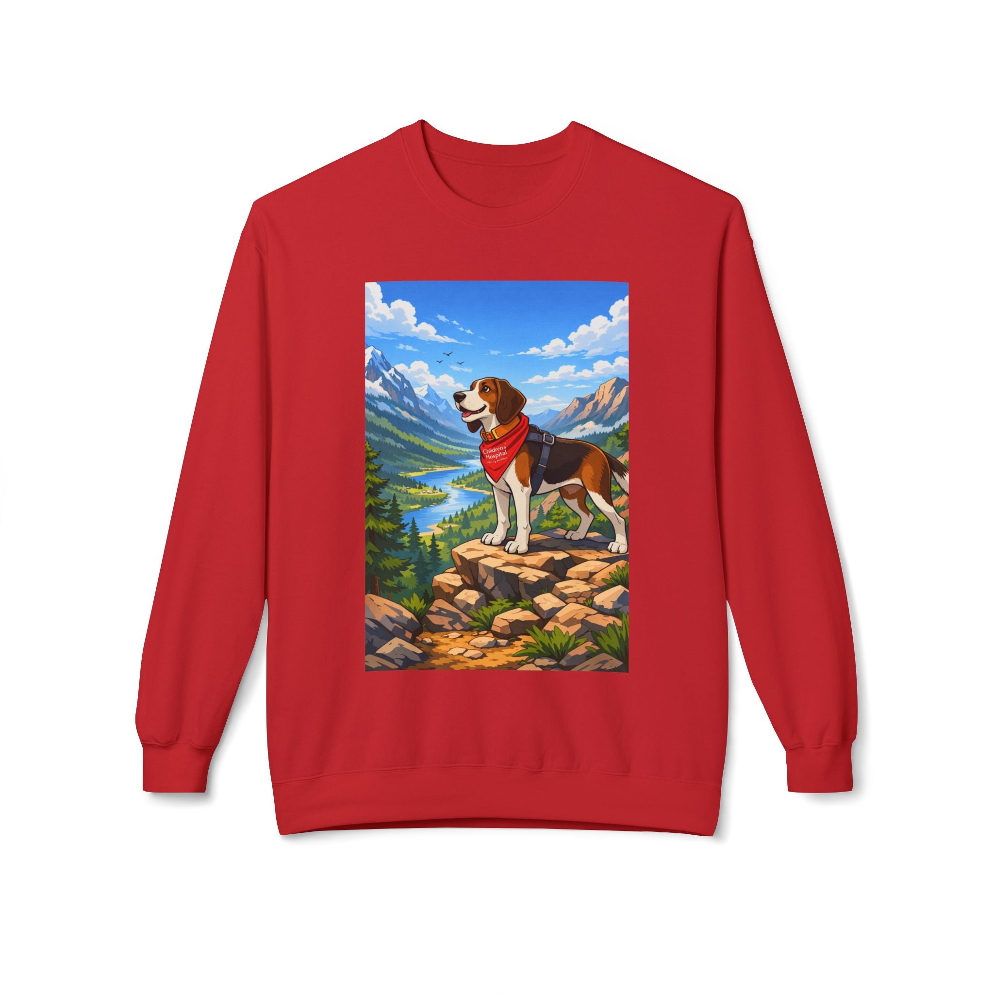Beagle in the Mountains Crewneck Sweatshirt — Scenic Dog Graphic Pullover