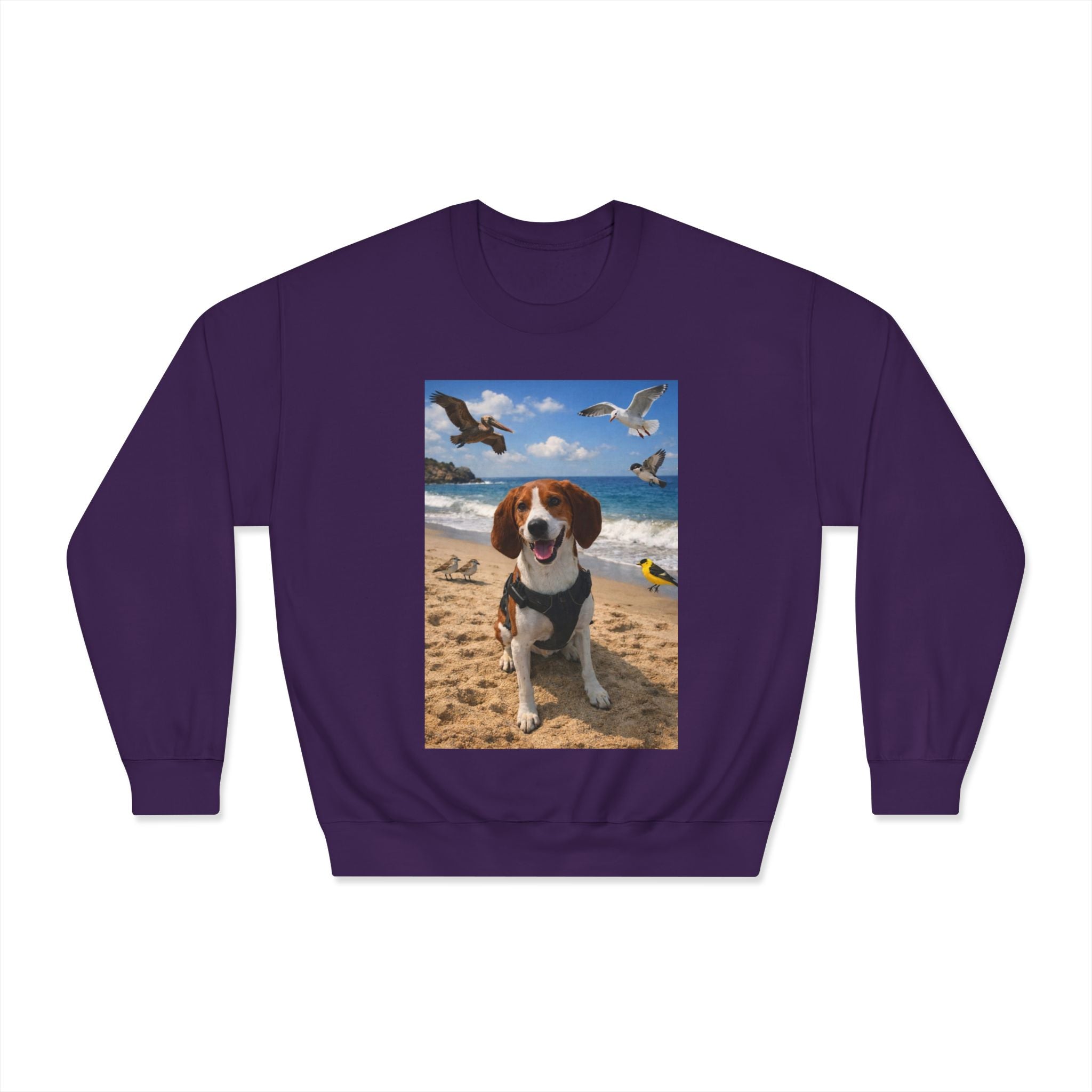 Beagle Beach Photo Crewneck Sweatshirt — Happy Dog on Sand with Seagulls