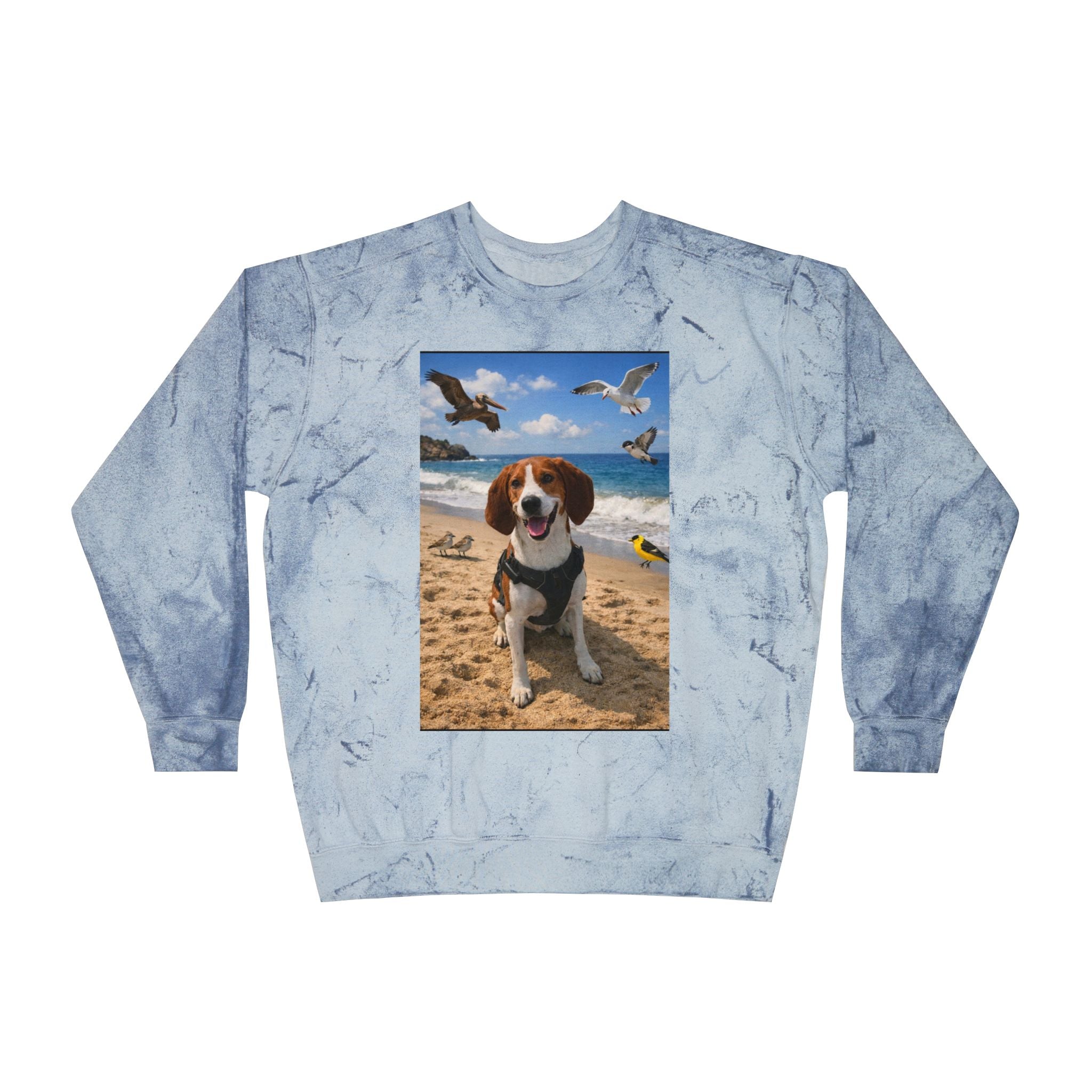 Beach Dog Crewneck Sweatshirt — Happy Beagle Seagulls Photo Print