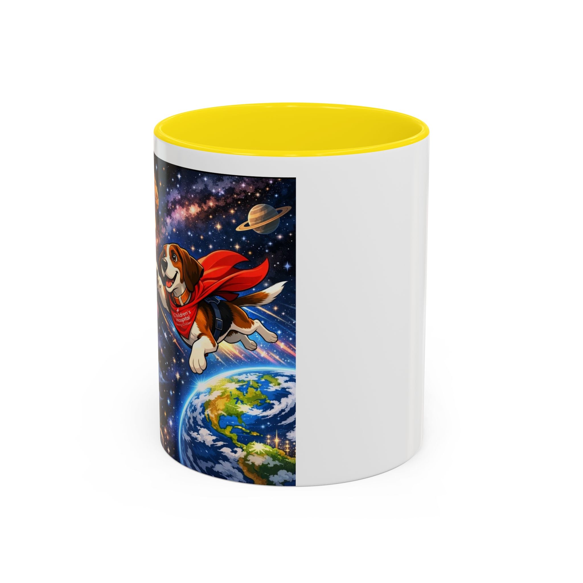 Superhero Beagle Coffee Mug — Cute Flying Dog Space Design (11/15oz)