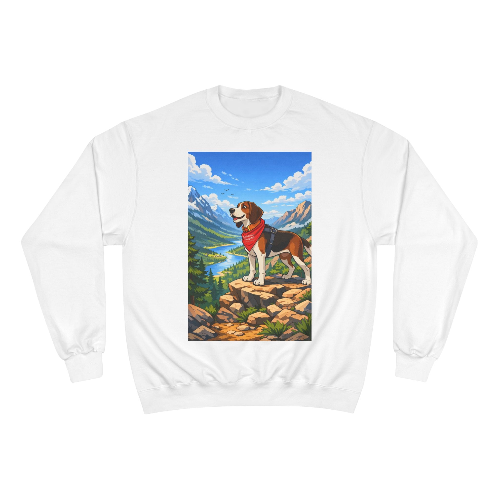 Beagle Hiking Sweatshirt — Scenic Mountain Dog Crewneck (Red Bandana)