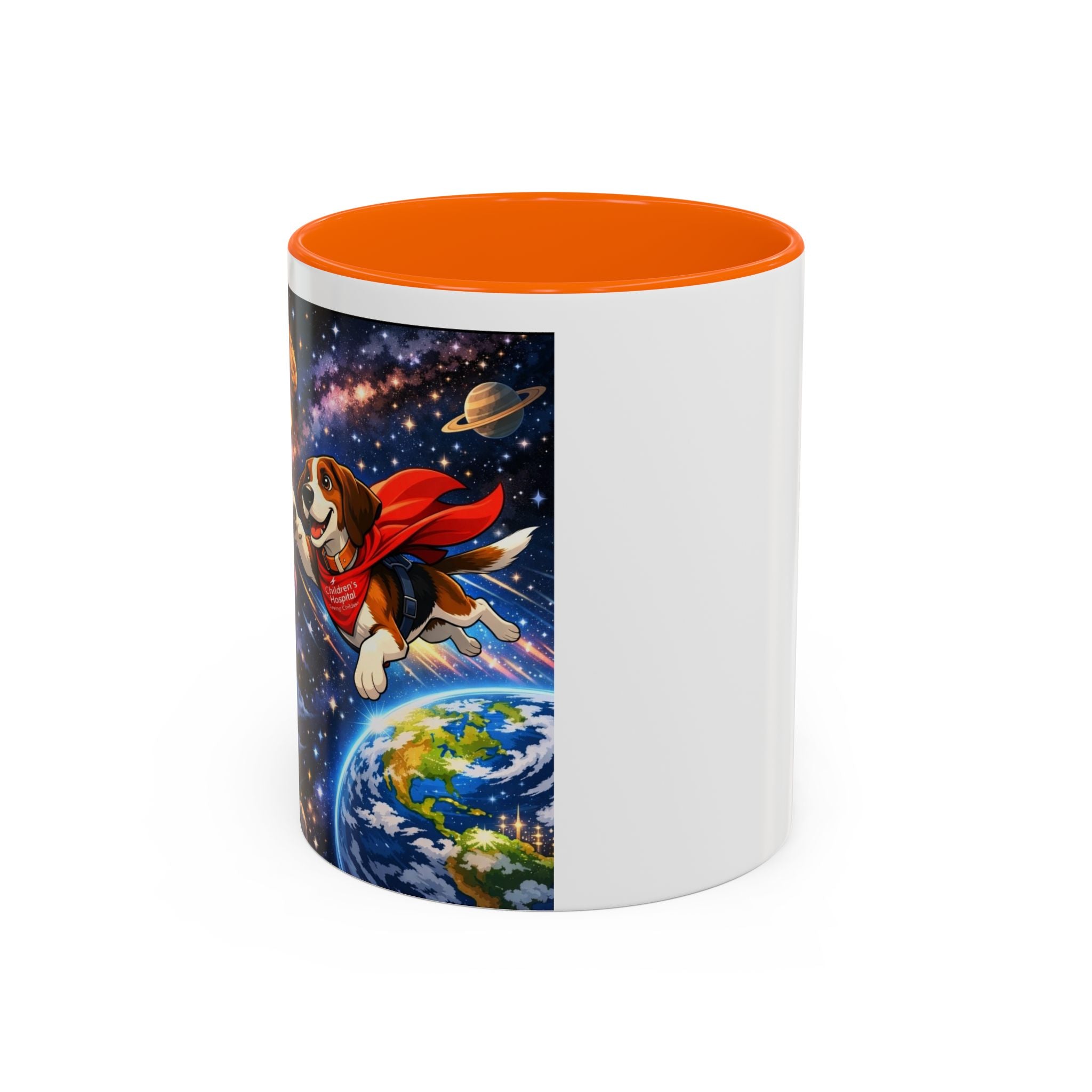 Superhero Beagle Coffee Mug — Cute Flying Dog Space Design (11/15oz)